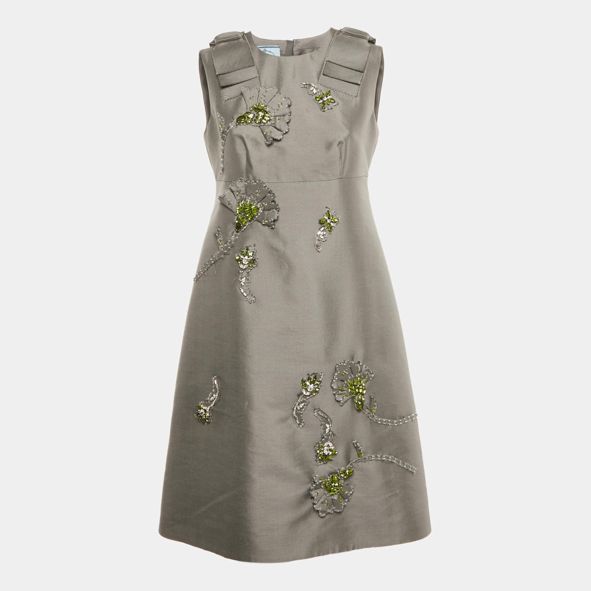 Pre Owned Prada Grey Embellished Wool and Silk Sleeveless Short Dress M