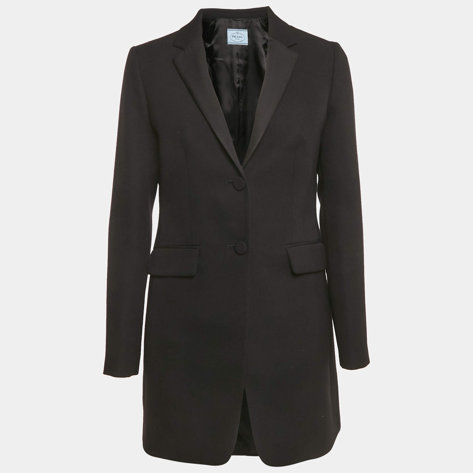 Pre Owned معطف برادا طول متوسط صوف أسود مفرد الصف مقاس متوسط