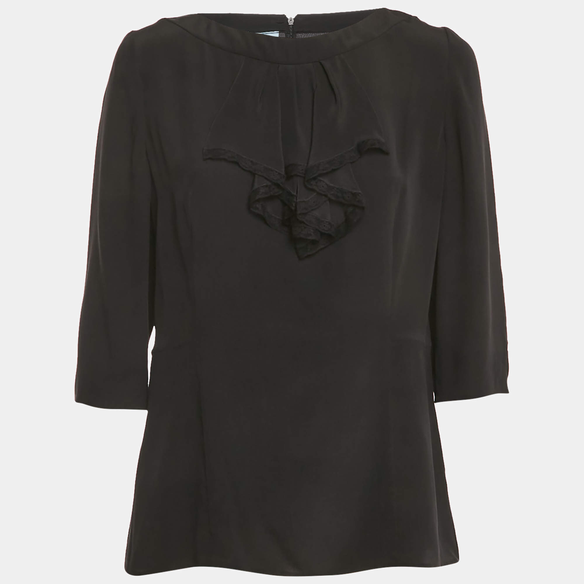 مملوكة مسبقًا Prada Black Silk Neck Frill Detail Blouse L