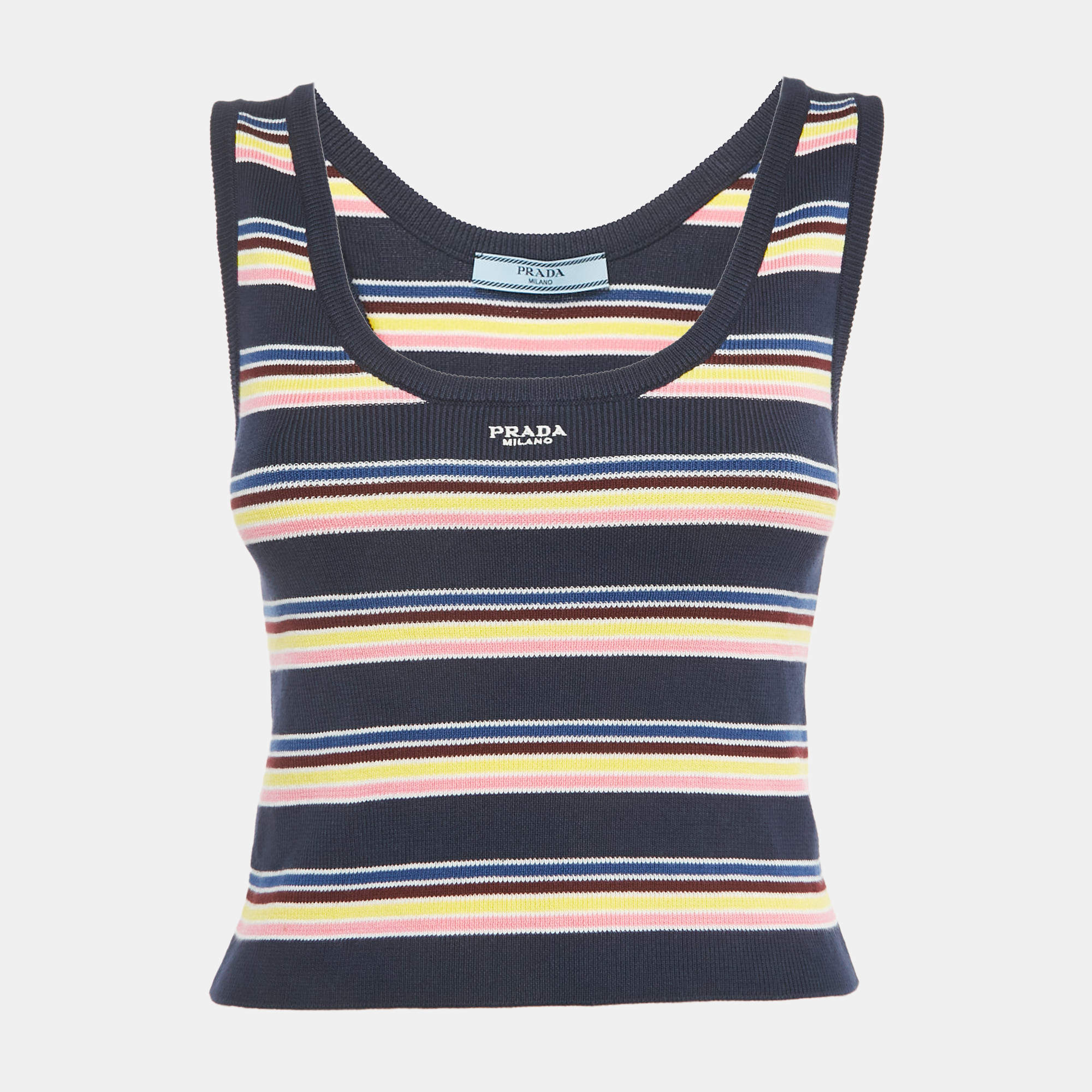مملوكة مسبقًا Prada Navy Blue Striped Rib Knit Tank Top S
