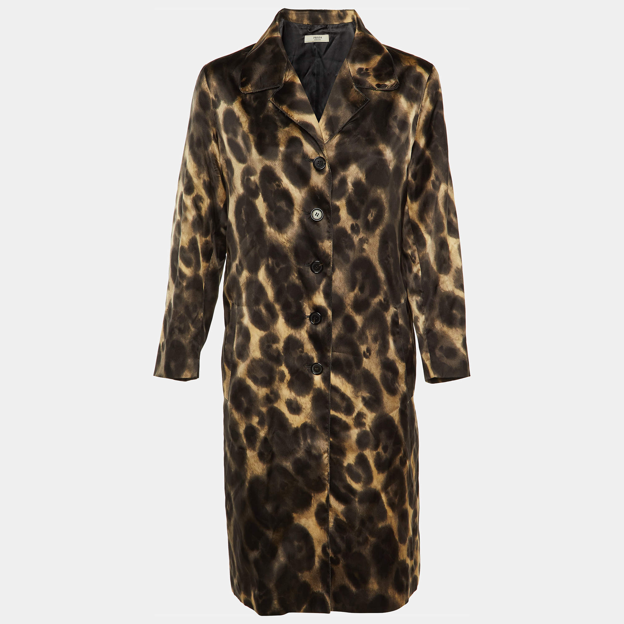 Pre Owned Prada Brown Printed Silk Satin Button Front Coat S