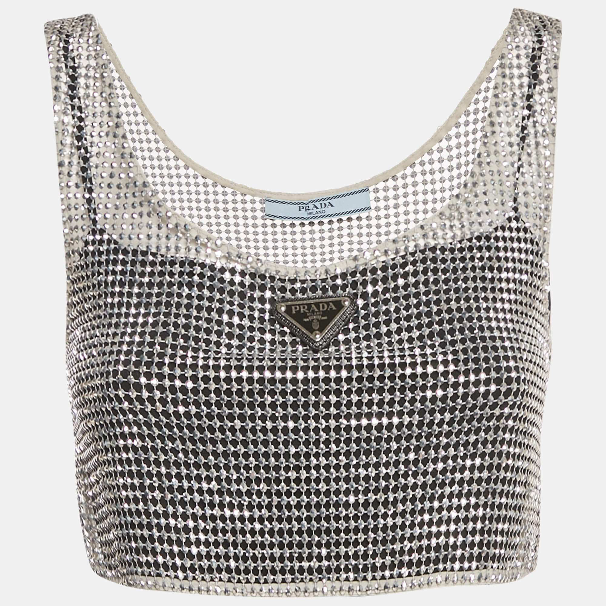 Pre Owned Prada Silver Rhinestone Logo Plaque Crop Top S