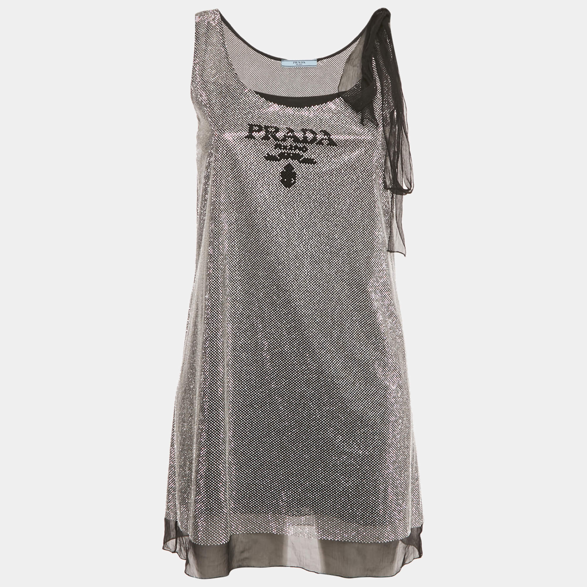 Pre Owned Prada Black Rhinestone Embellished Tie-Up Sleeve Mini Dress XS