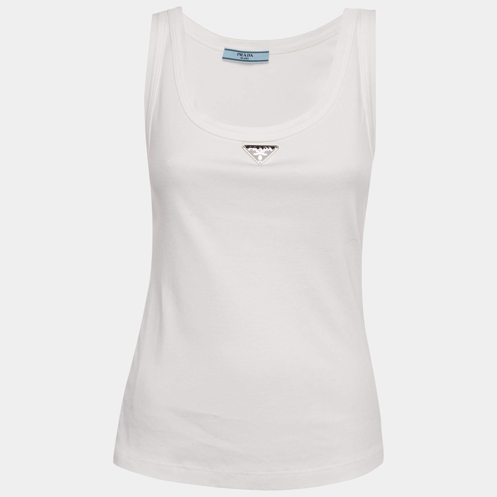 Pre Owned Prada White Ribbed Knit Triangle Logo Plaque Jersey Tank Top S