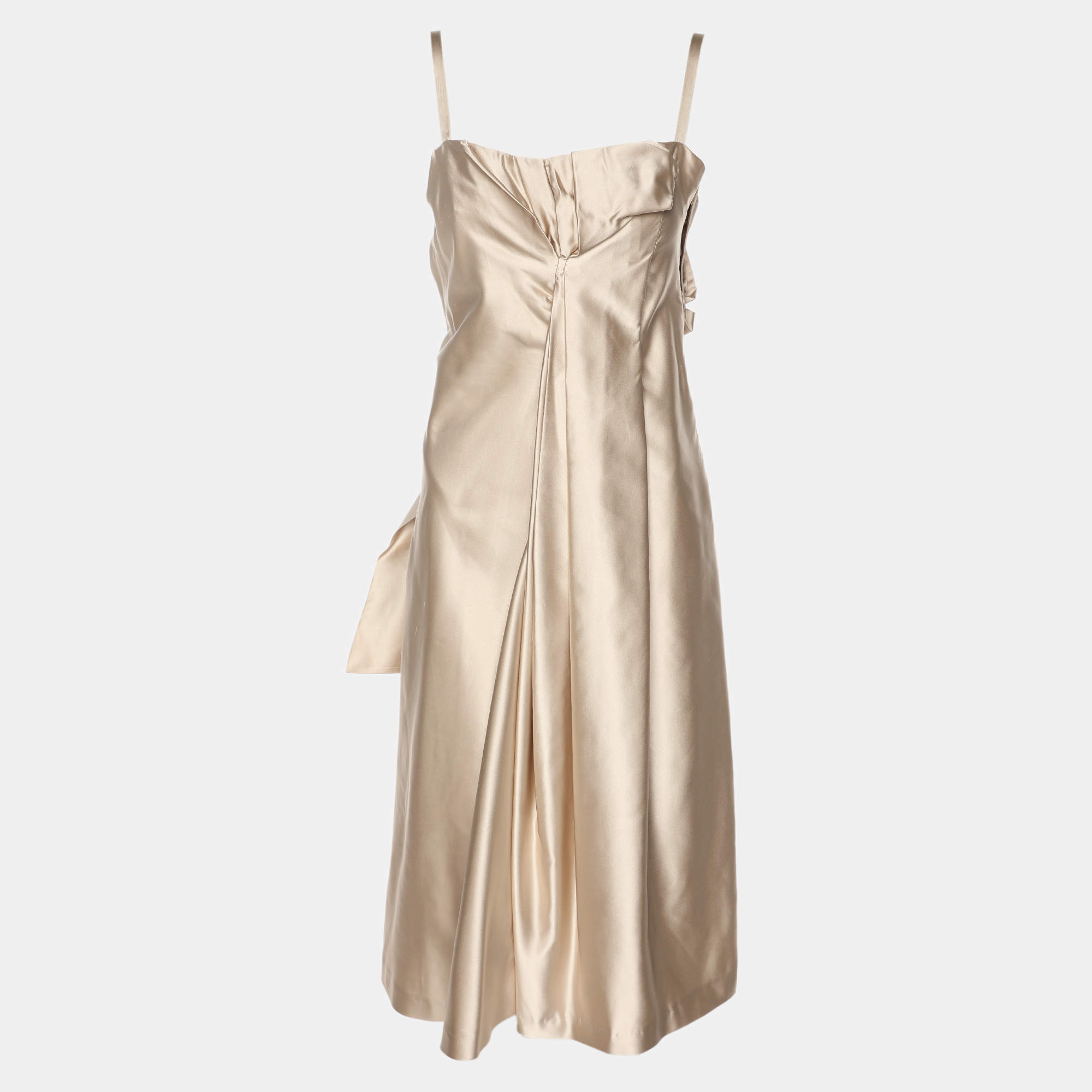 Pre Owned Prada Beige Satin Ruffle Midi Dress S