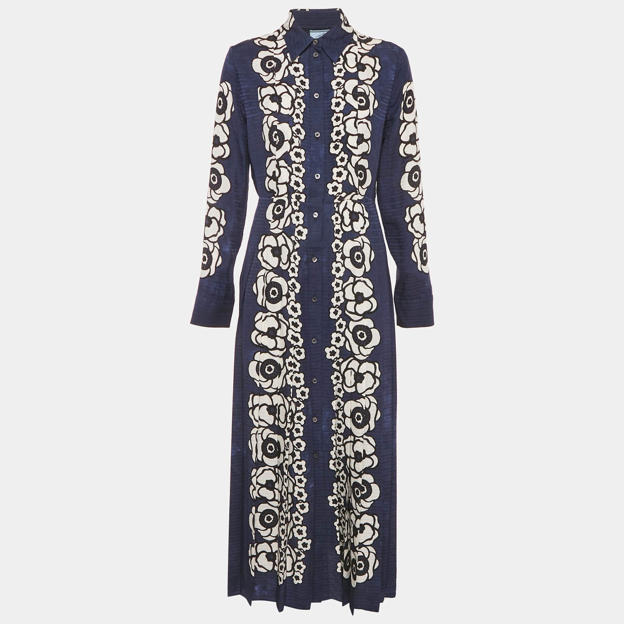 Pre Owned Prada Navy Blue Floral Print Satin Silk Pleated Long Dress M