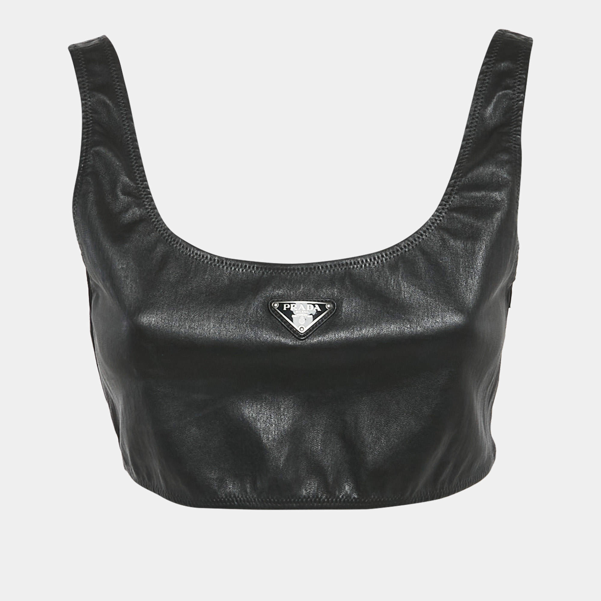 Pre Owned Prada Black Leather Logo Plaque Detail Sleeveless Crop Top L