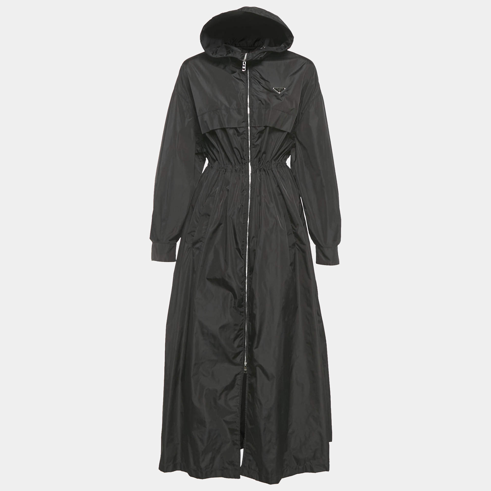 Pre Owned Prada Re-Nylon Black Synthetic Triangle Logo Plaque  Hooded Long Zip -Up Coat S 