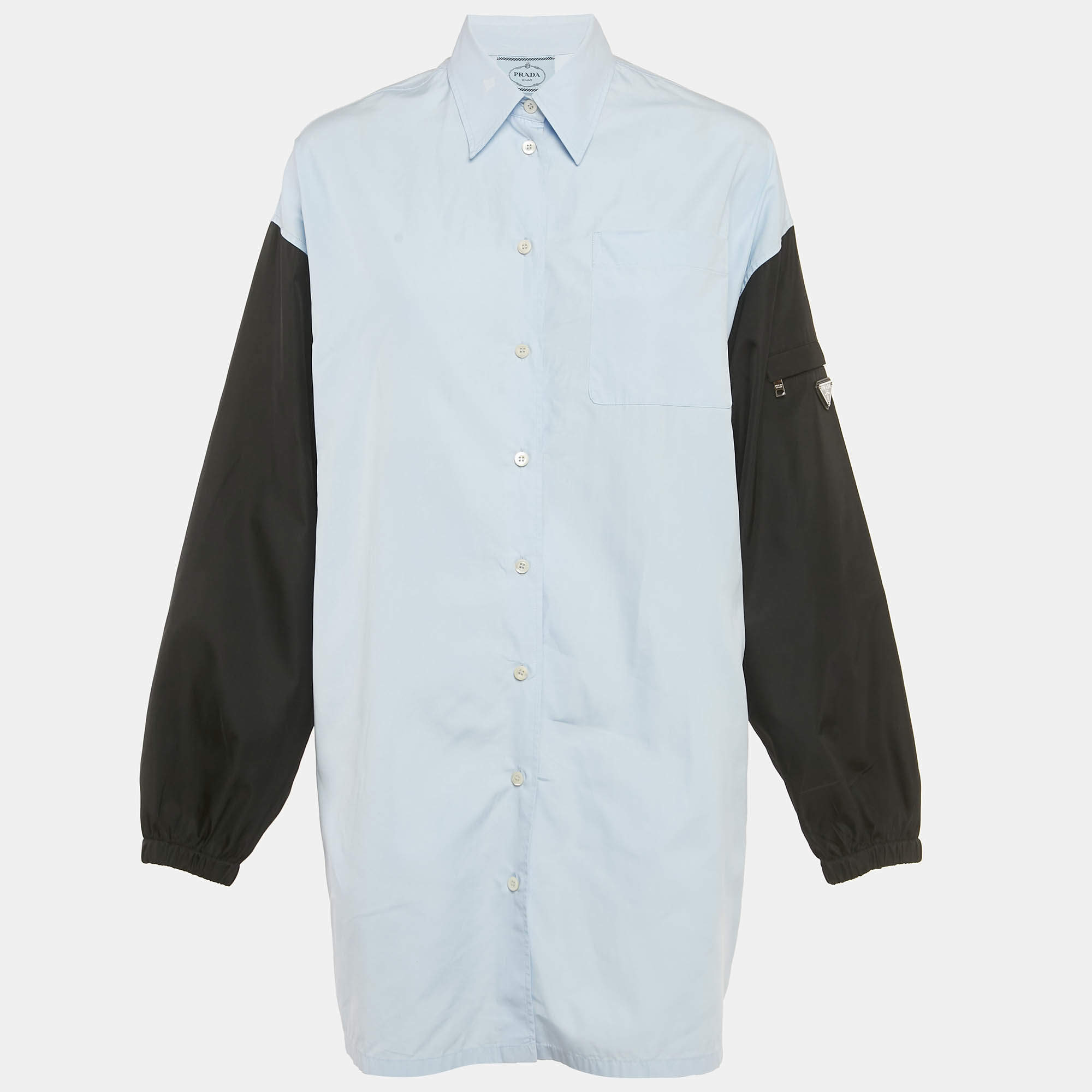 Pre Owned Prada Blue /Black Cotton &Nylon Sleeve Button Down Shirt Dress S