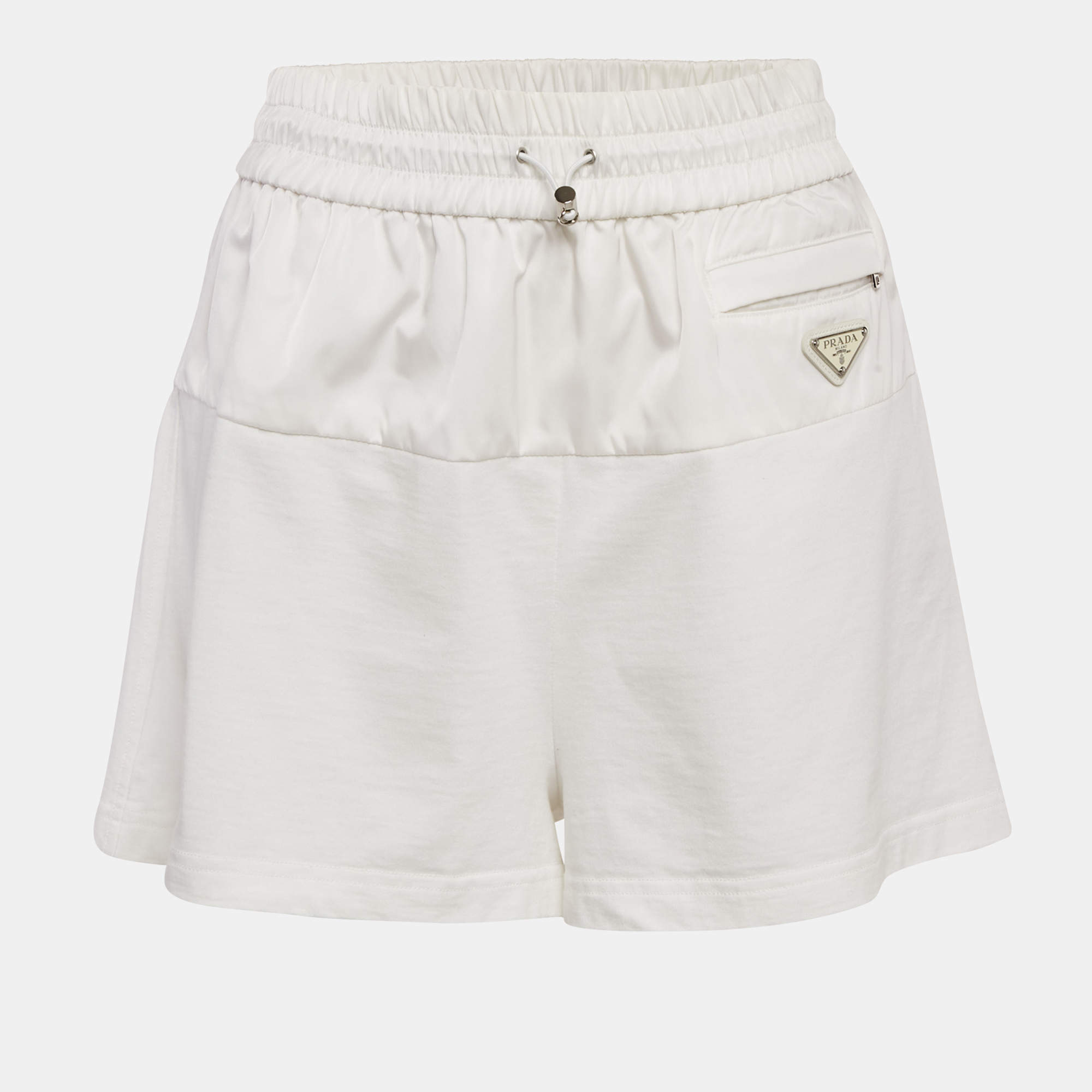 Pre Owned Prada White Jersey and Nylon Triangle Logo Detail Shorts S