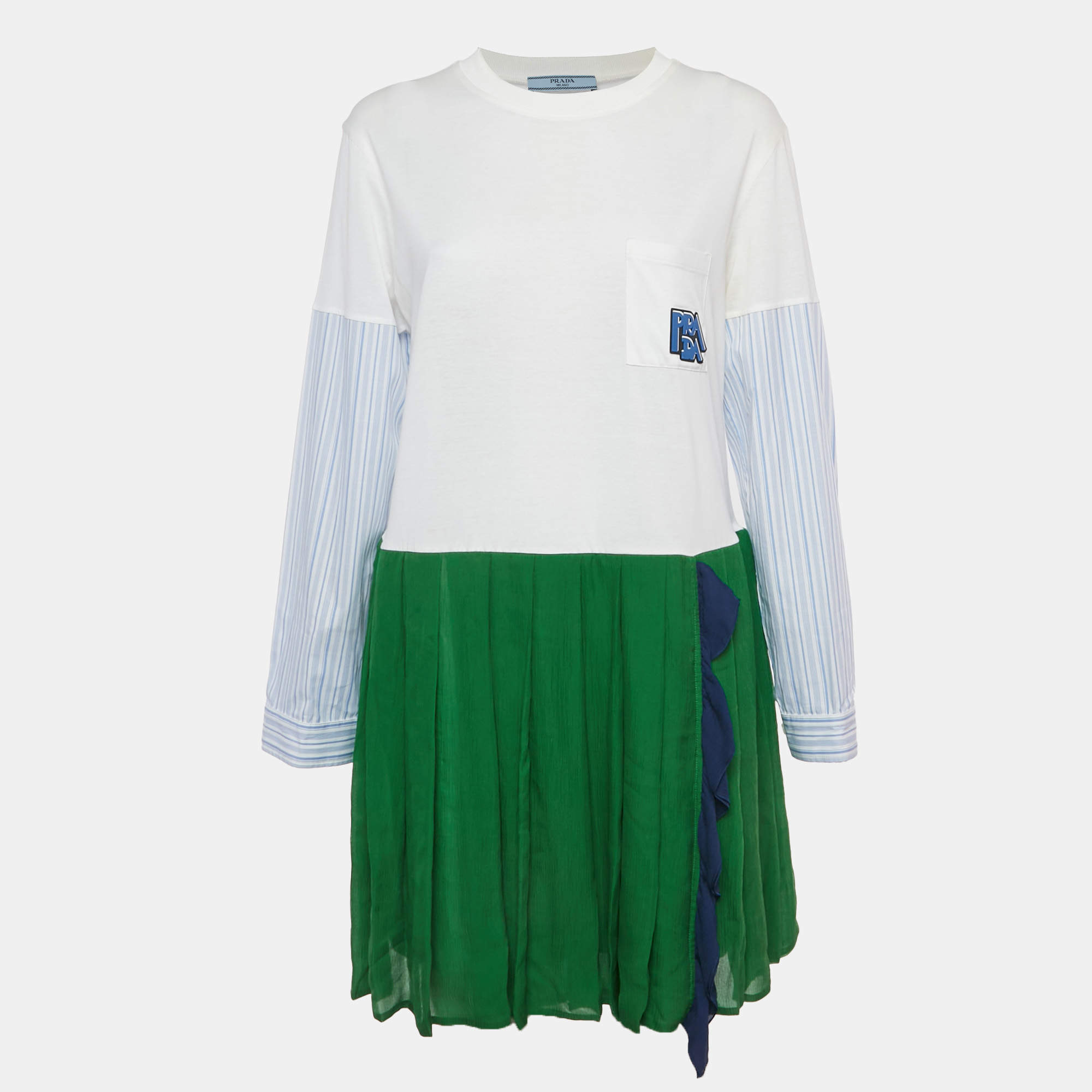 Pre Owned Prada White / Green Logo Applique Cotton & Silk Mini Dress M
