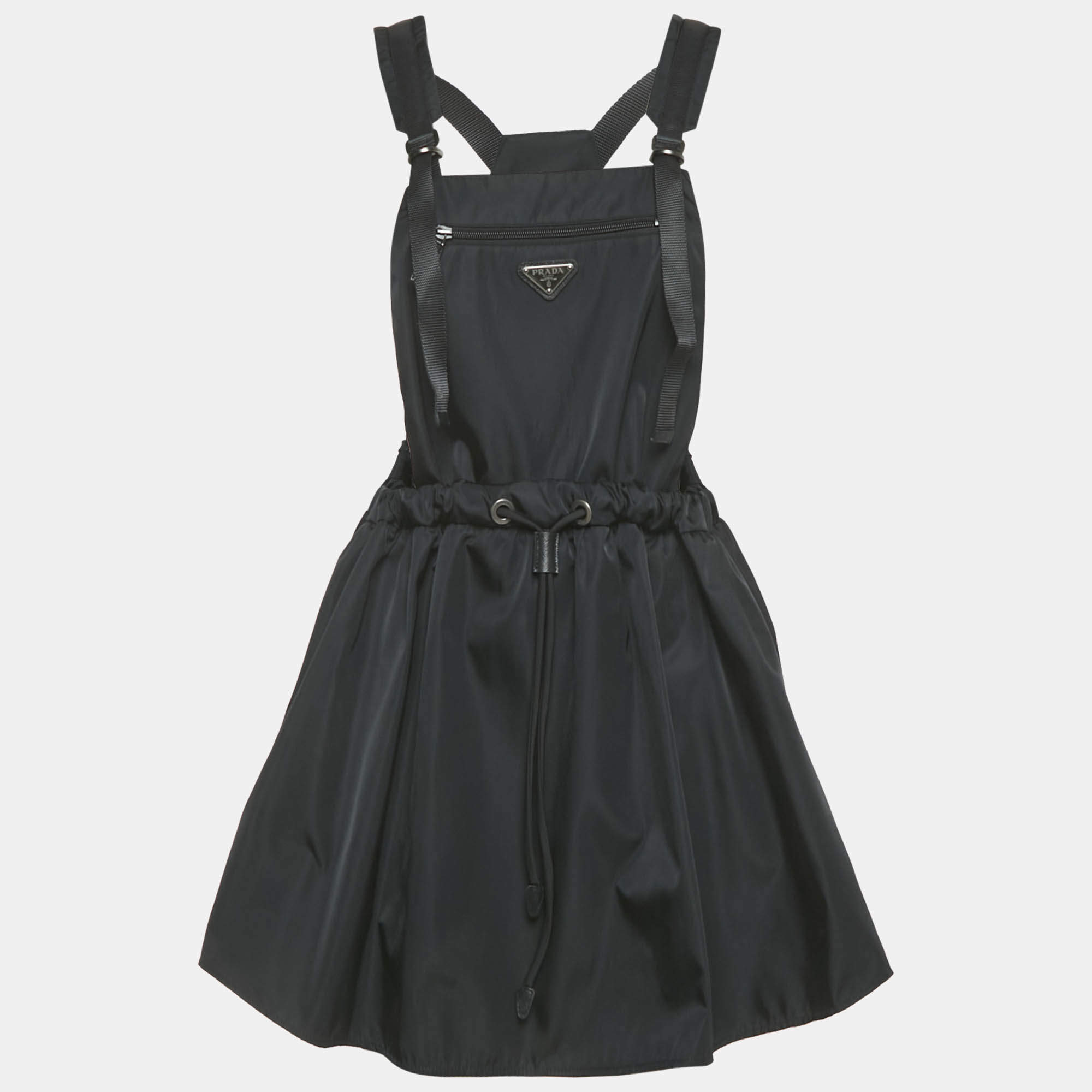 مملوكة مسبقًا Prada Black Re-Nylon Logo Patch Pinafore Mini Dress M