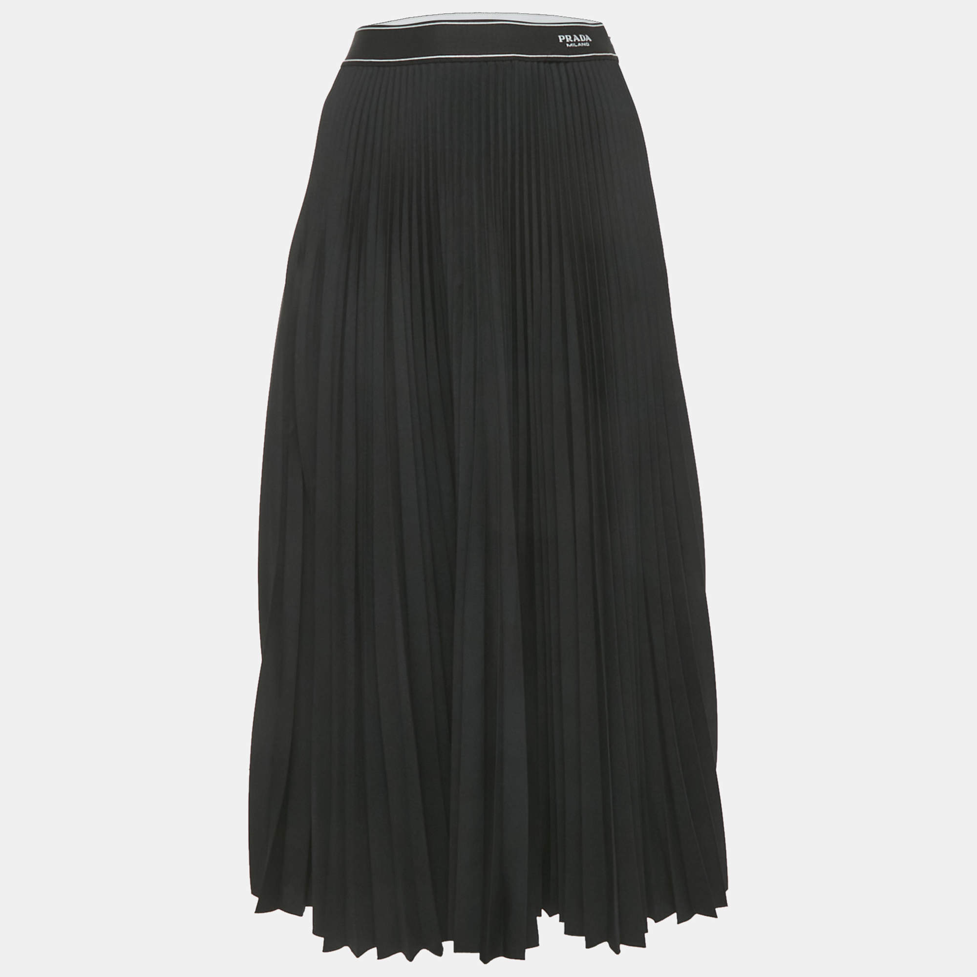Pre Owned Prada Black Plisse Logo Band Detail Midi Skirt M
