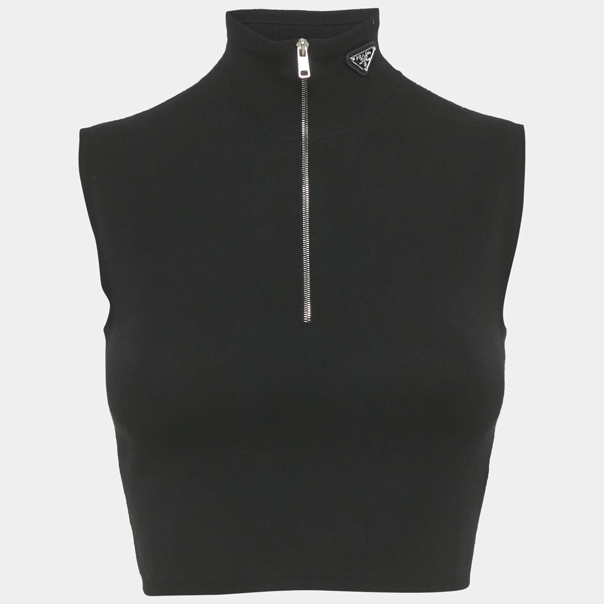 Pre Owned Prada Black Knit half Zip Sleeves Crop Top S