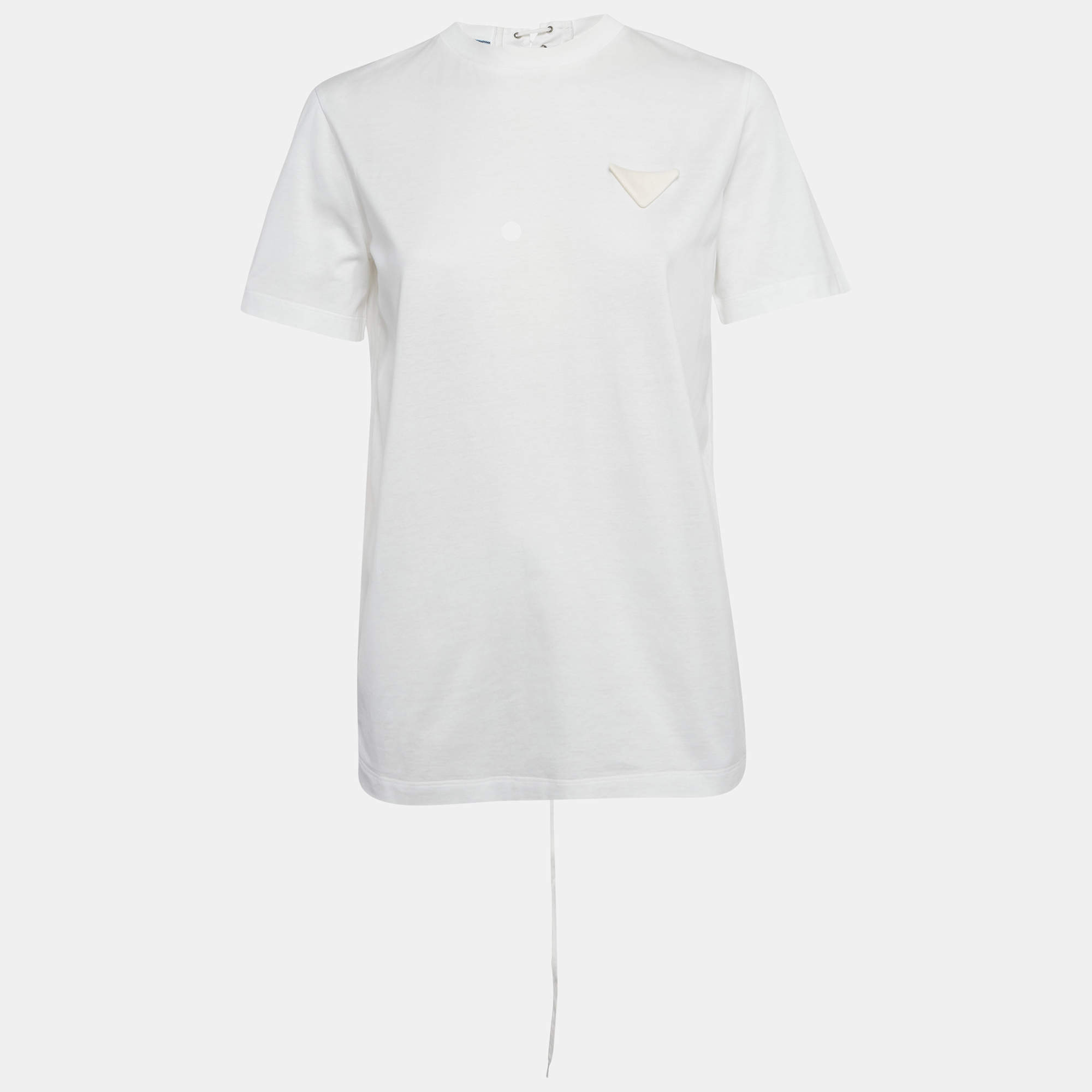 Pre Owned Prada White Triangle Appliqué Cotton Crisscross Detail T-Shirt M