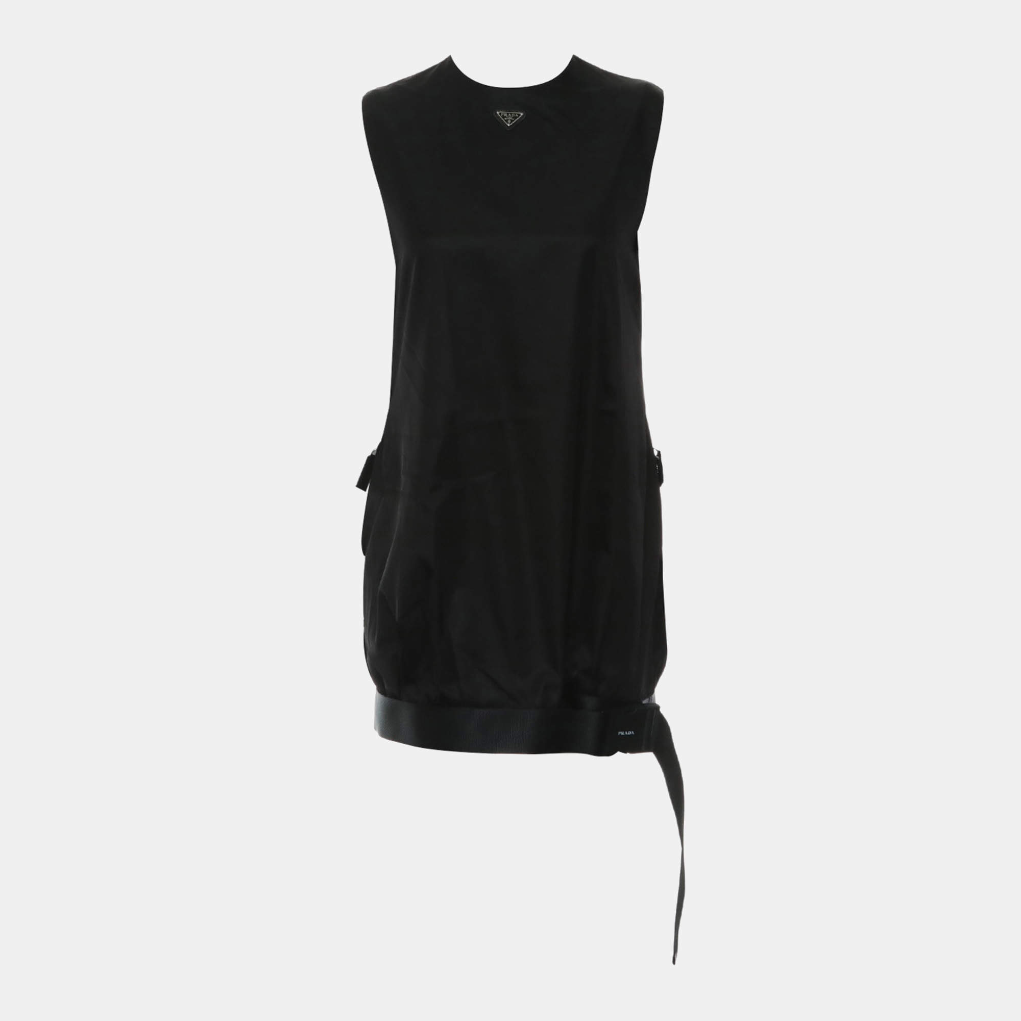 Pre Owned Prada Re-Nylon Logo Gabardine Sleeveless Dress With Buckle Belt