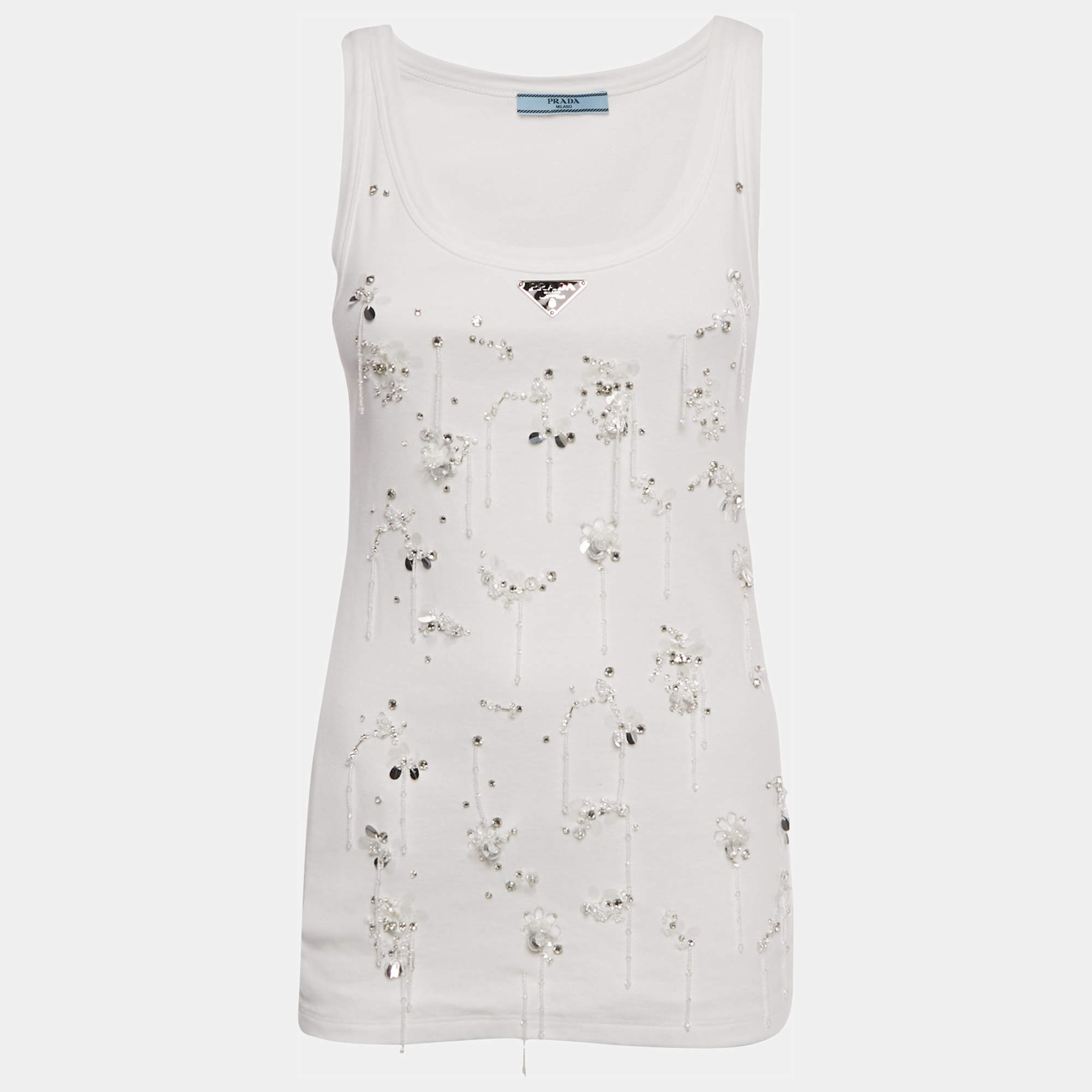 Pre Owned Prada White Embellished Cotton Jersey Tank Top S