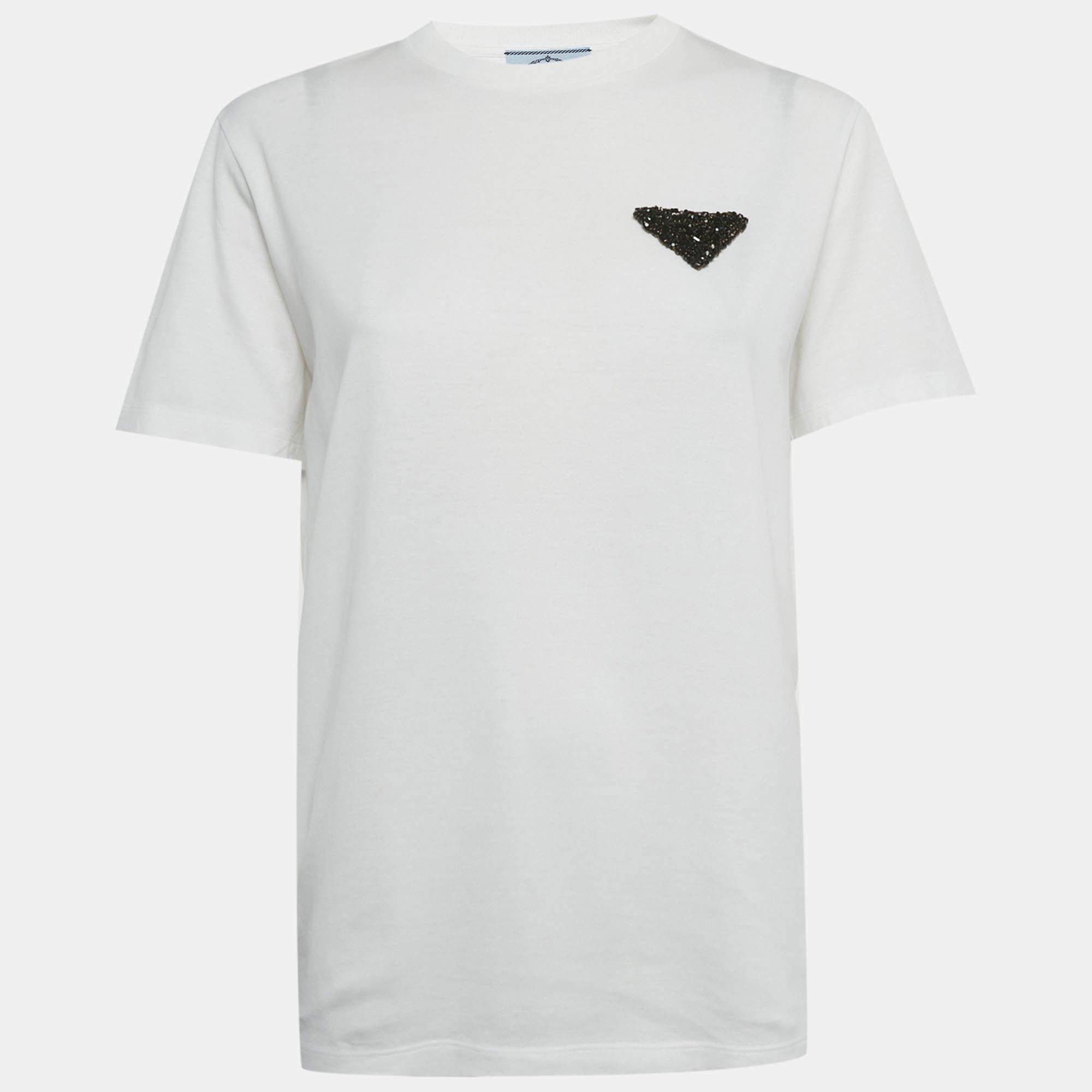 Pre Owned Prada White Triangle Crystal Applique Jersey T-Shirt S