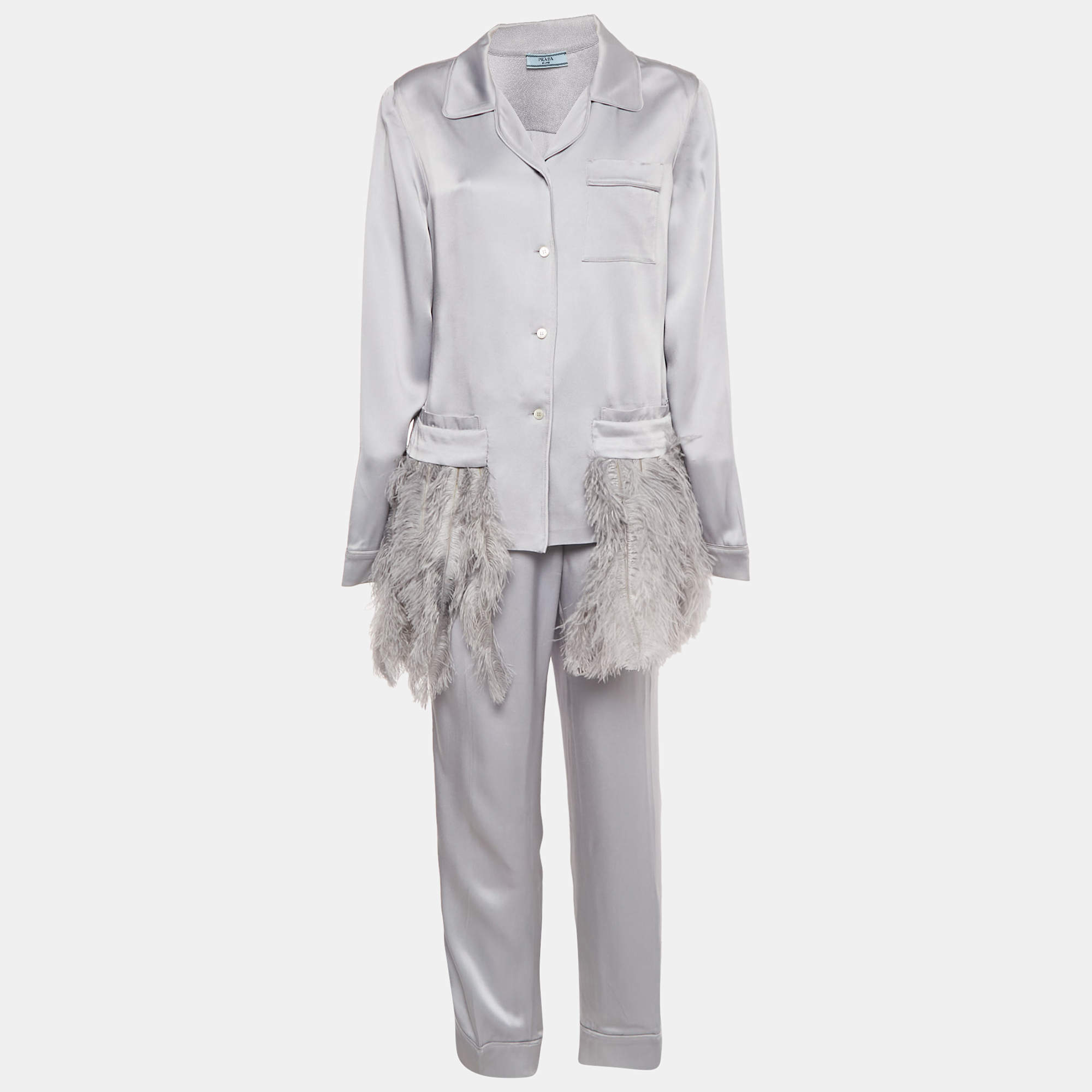 Pre Owned Prada Grey Satin Ostrich Feather Trim Pajama Shirt & Pants Set L