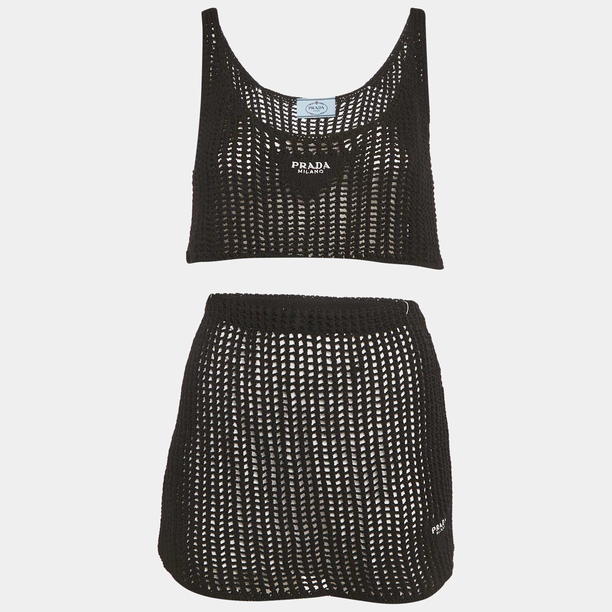 Pre Owned Prada Black Logo Embroidered Crochet Crop Top and Skirt Set M