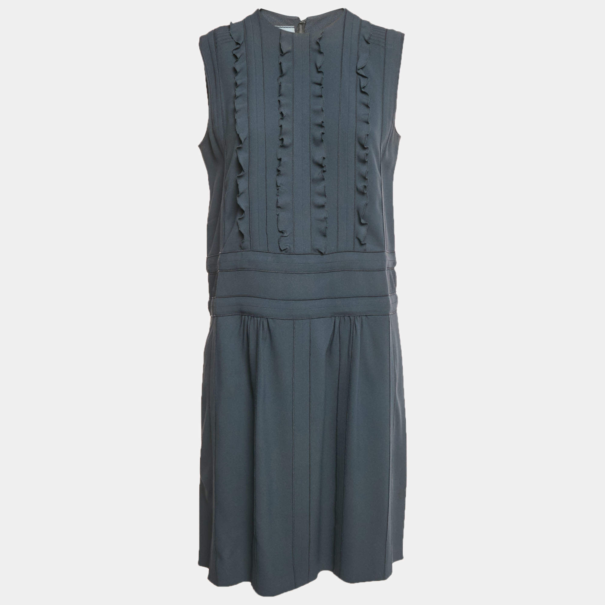 Pre Owned Prada Grey Crepe Ruffle Detail Short Dress M