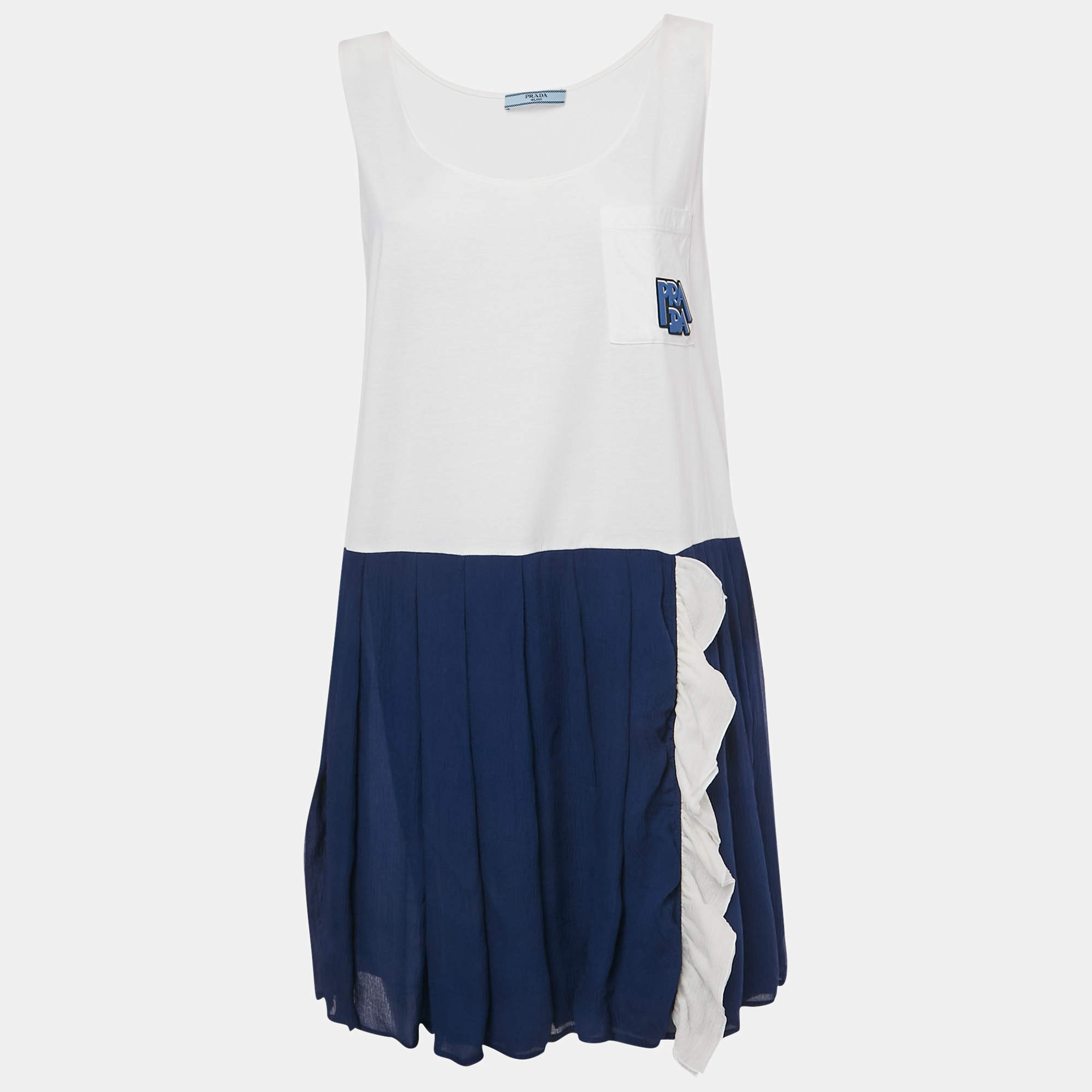 Pre Owned Prada White/Blue Jersey and Silk Sleeveless Mini Dress S