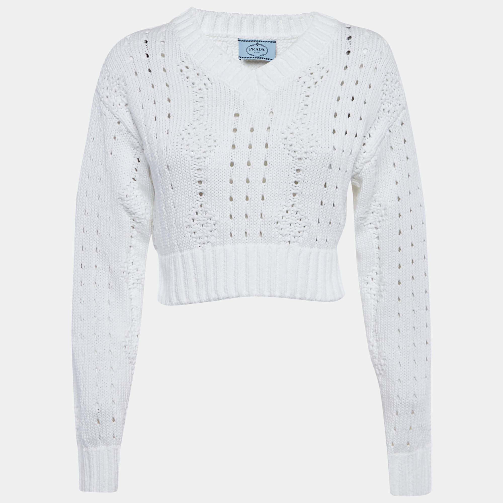 مملوكة مسبقًا Prada White Open Knit V-Neck Crop Sweater XS