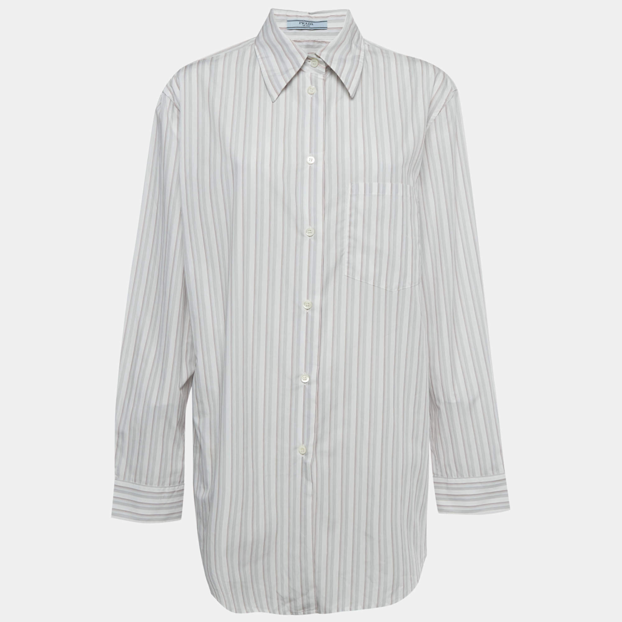 Pre Owned قميص برادا قطن مقلم أبيض طوق وشاح مقاس كبير - لارج