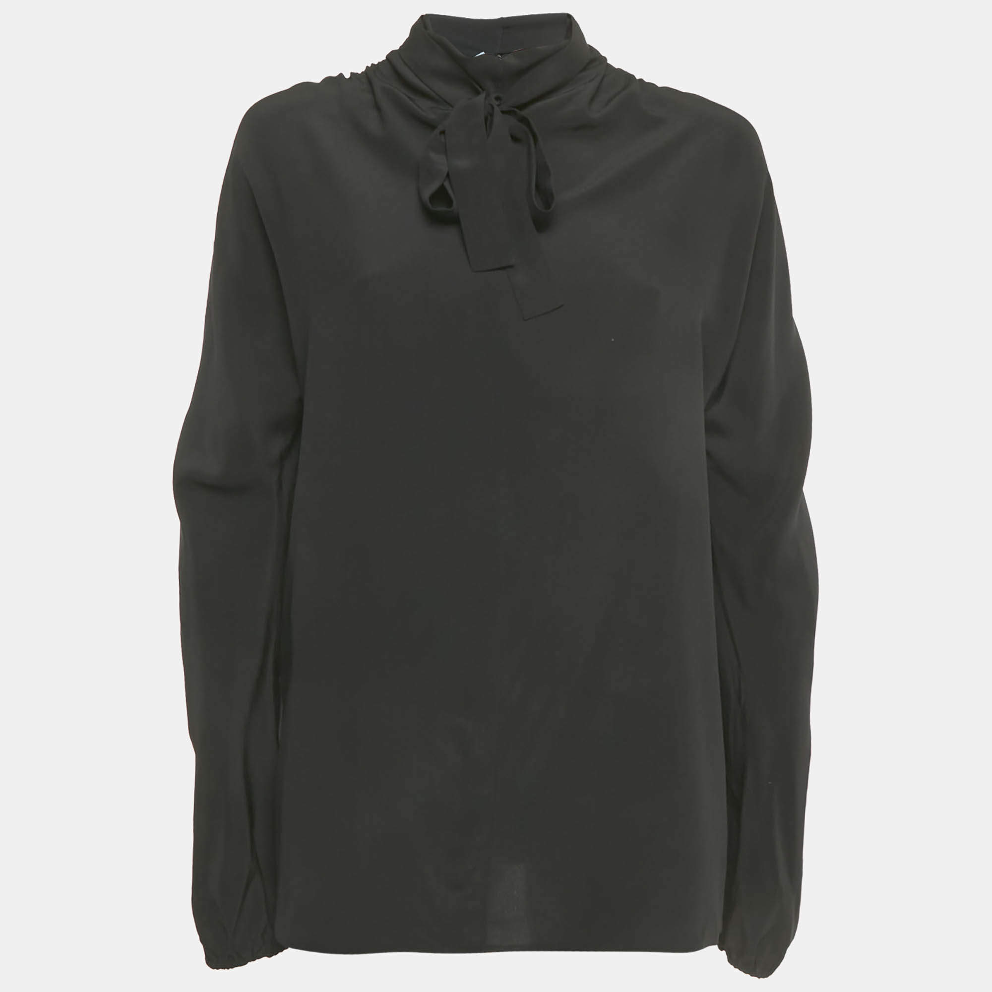 Pre Owned Prada Black Silk Neck Tie Detail Blouse M