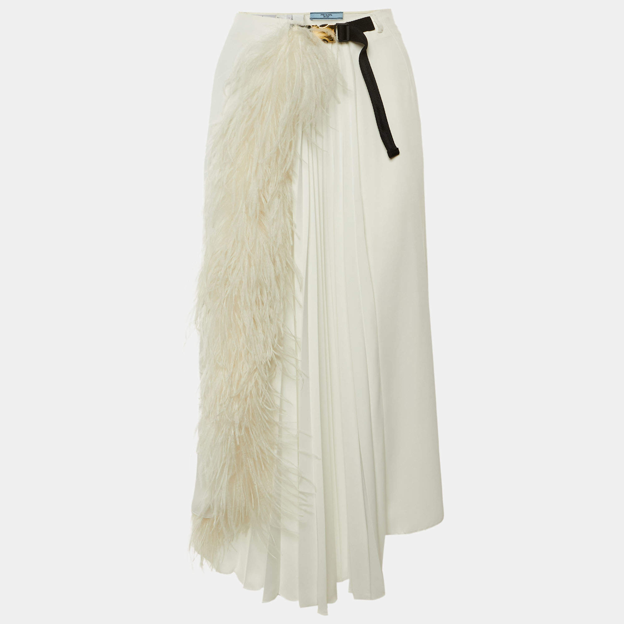 مملوكة مسبقًا Prada White Sateen Feather Trim Wrap Midi Skirt S