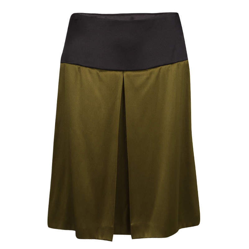 Prada Olive Green Satin Contrast Waist A-Line Skirt S