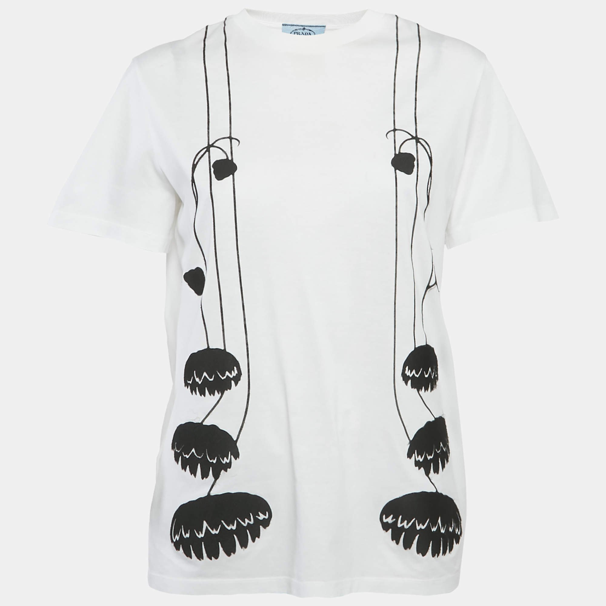 مملوكة مسبقًا تي شيرت برادا أبيض مزين بالزهور ياقة دائرية مقاس متوسط (ميديام)