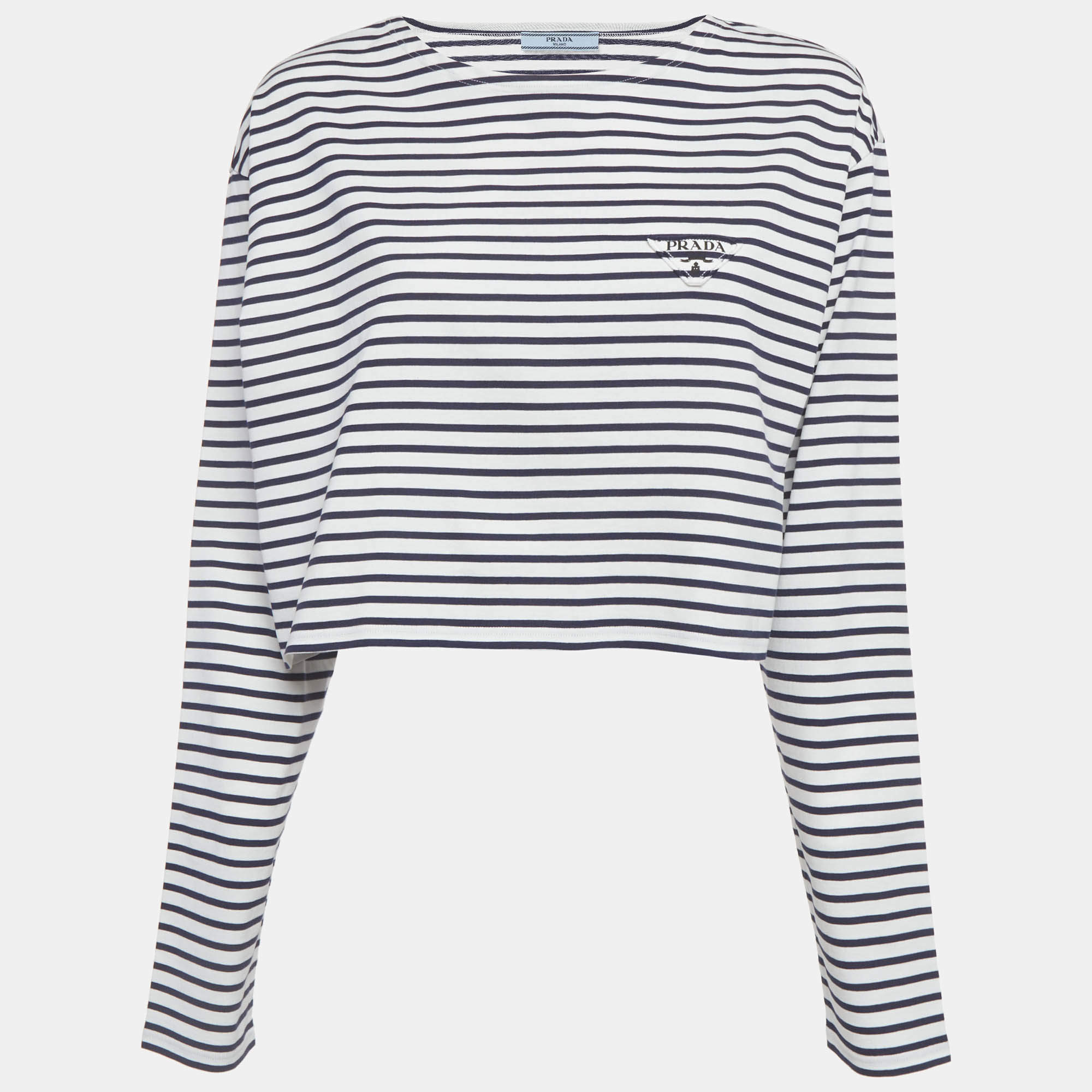 مملوكة مسبقًا قميص برادا جيرسي بأكمام طويلة بخطوط زرقاء/حمراء ميديوم