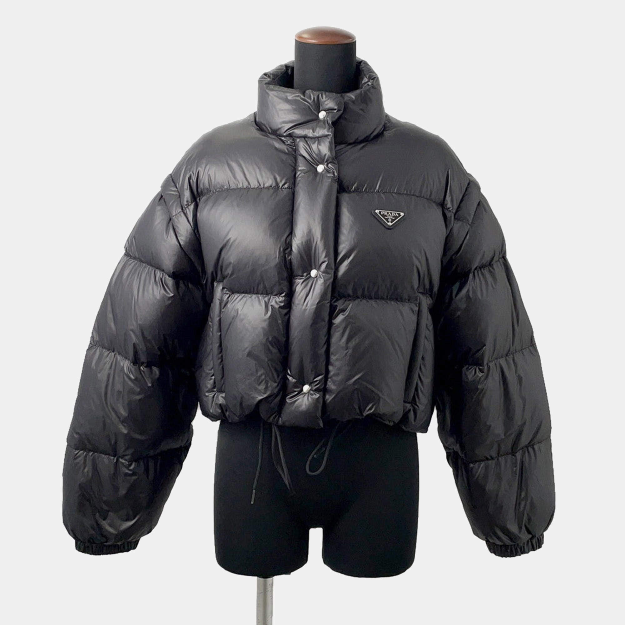 Pre Owned Prada Cropped Vest/Down Jacket Triangle Logo 24 Size 40 Black Nylon100%