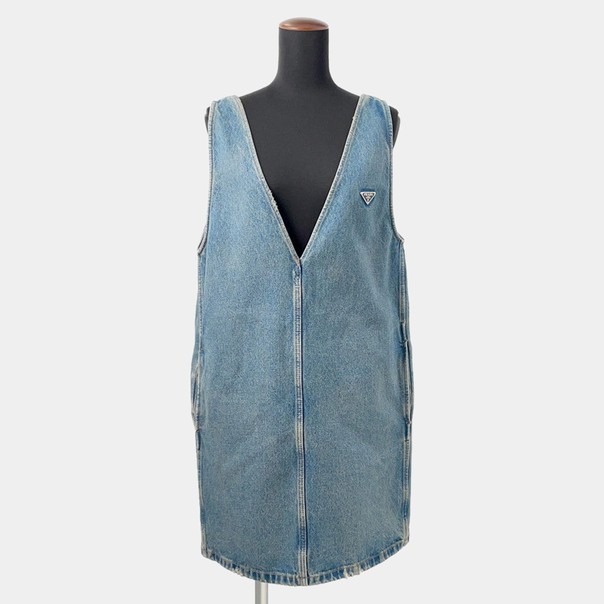 Pre Owned Prada Triangle Logo Denim Dress Size 36 Blue Cotton100%
