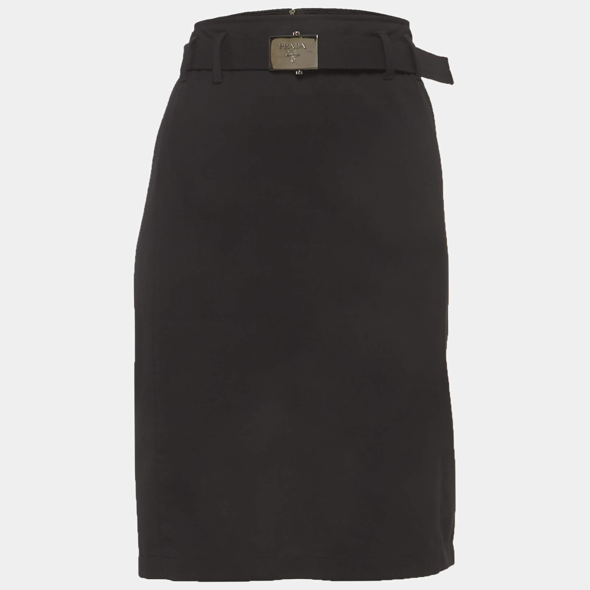 Pre Owned Prada Black Gabardine Belted Pencil Skirt M