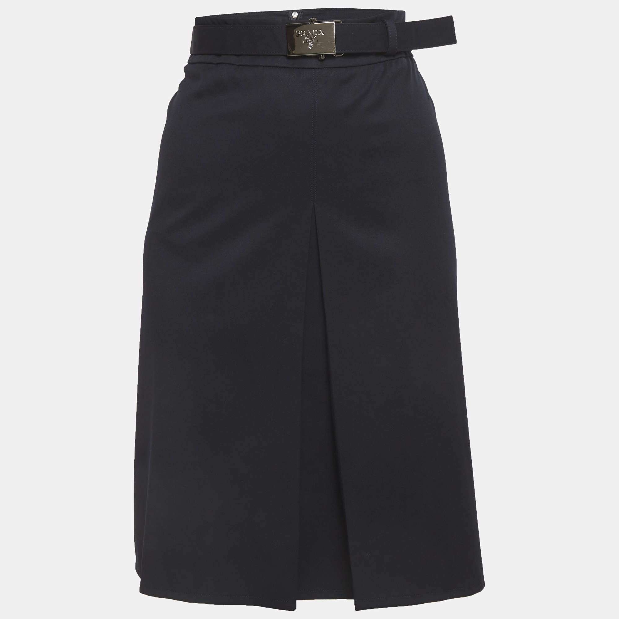 Pre Owned Prada Navy Blue Twill Belted Mini Skirt L