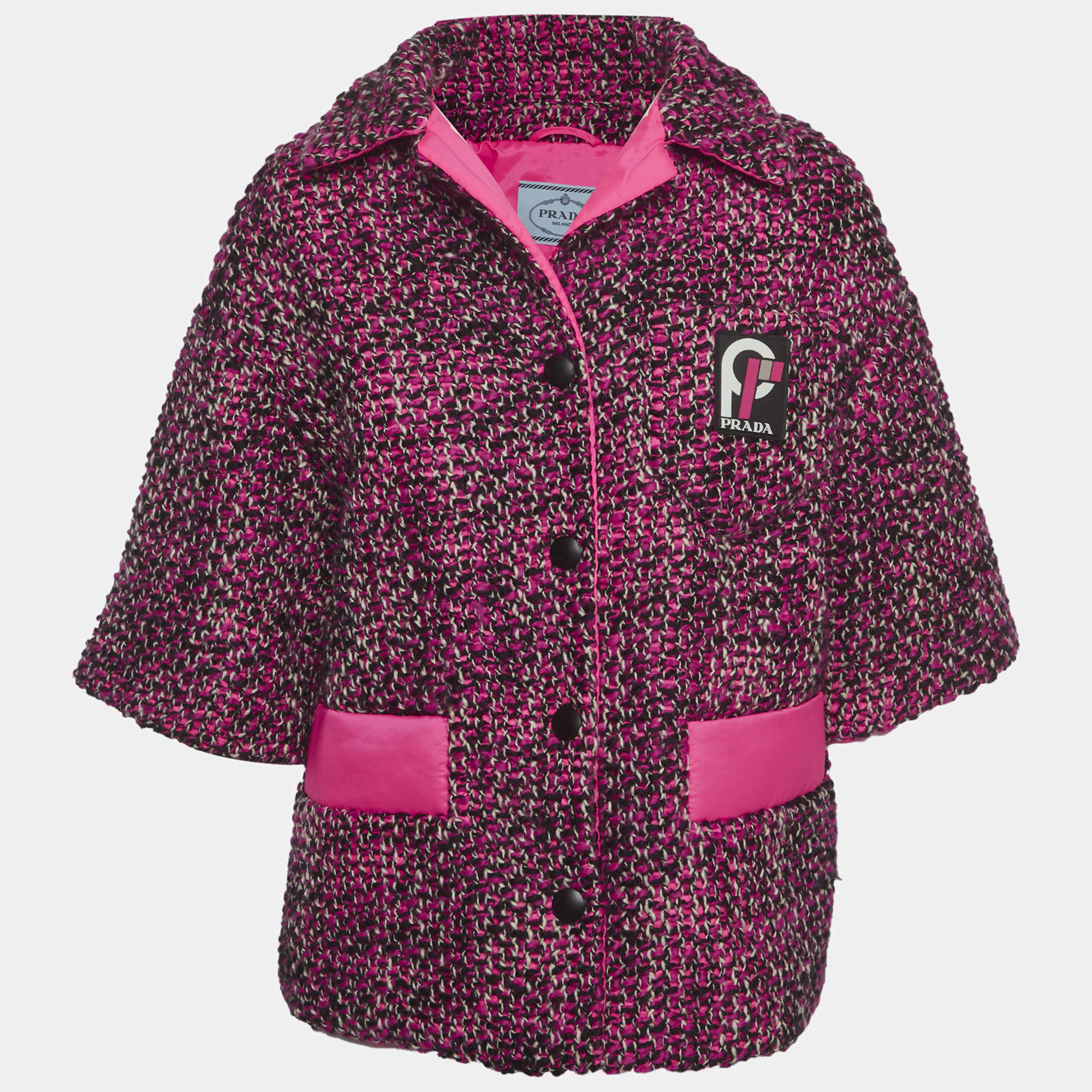 Pre Owned Prada Pink Tweed Short Sleeve Puffer Jacket S