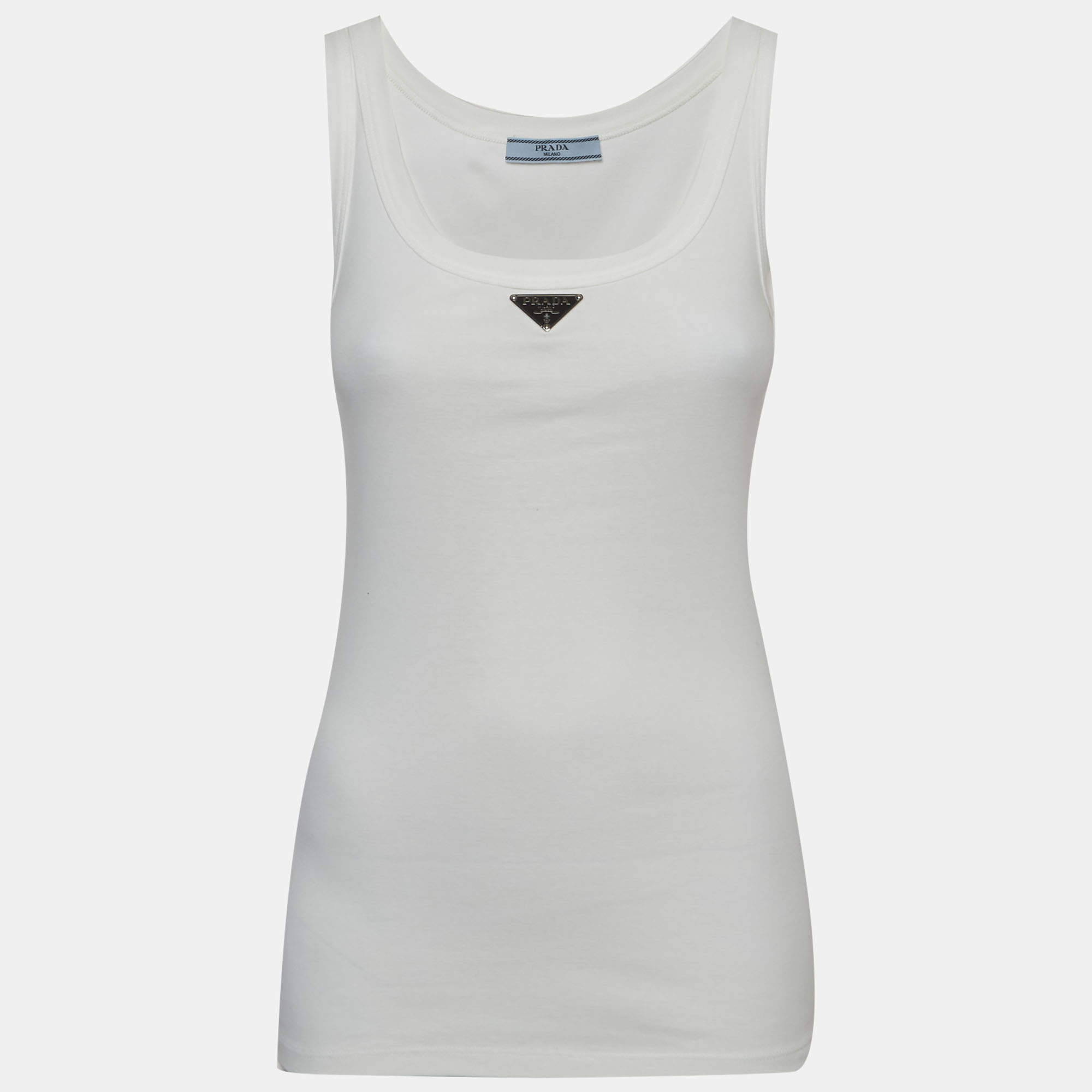 مملوكة مسبقًا Prada White Cotton Jersey Triangle Logo Tank Top XS