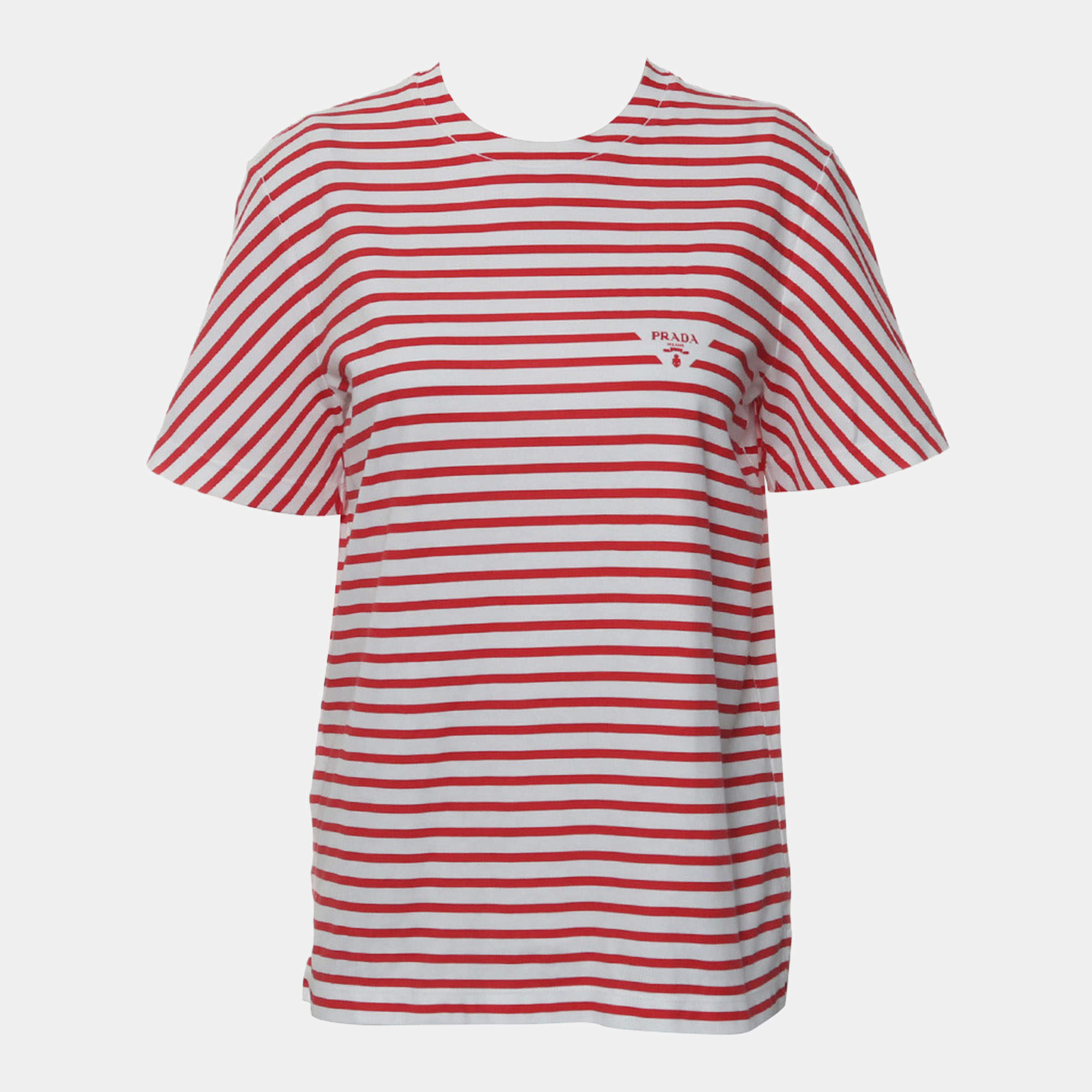 Pre Owned Prada Red, White Cotton Logo Striped T-Shirt