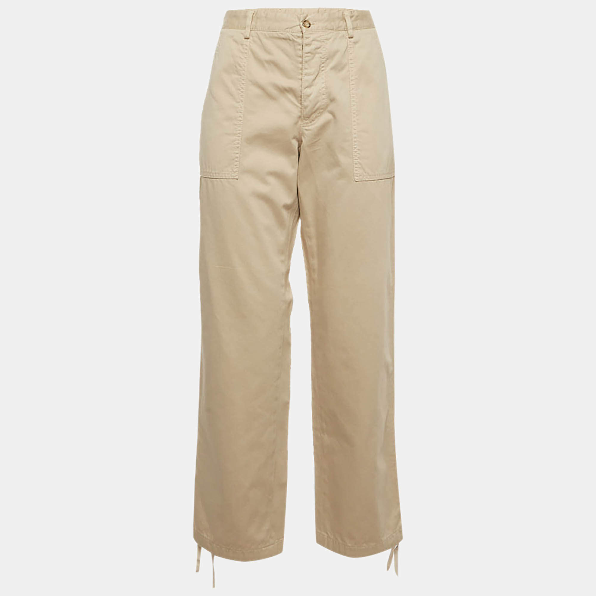 Pre Owned Prada Beige Cream Cotton High Rise Pants L