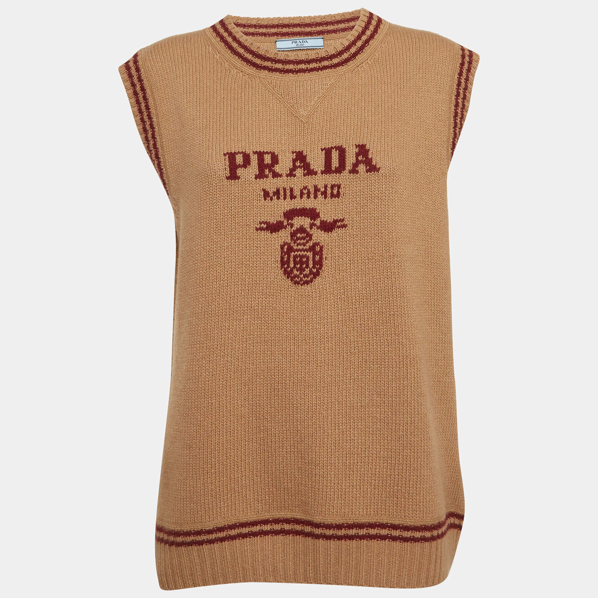 Pre Owned Prada Beige Logo Intarsia Rib Knit Sweater Vest M