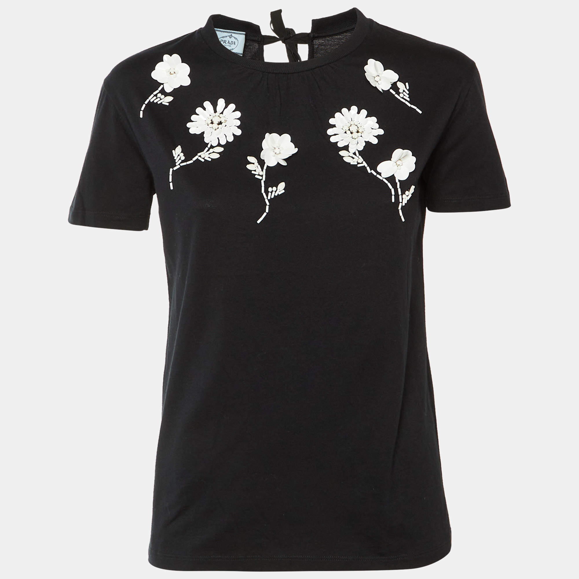 Pre Owned Prada Black Cotton Knit Floral Embellished Tie Detail T-Shirt XS