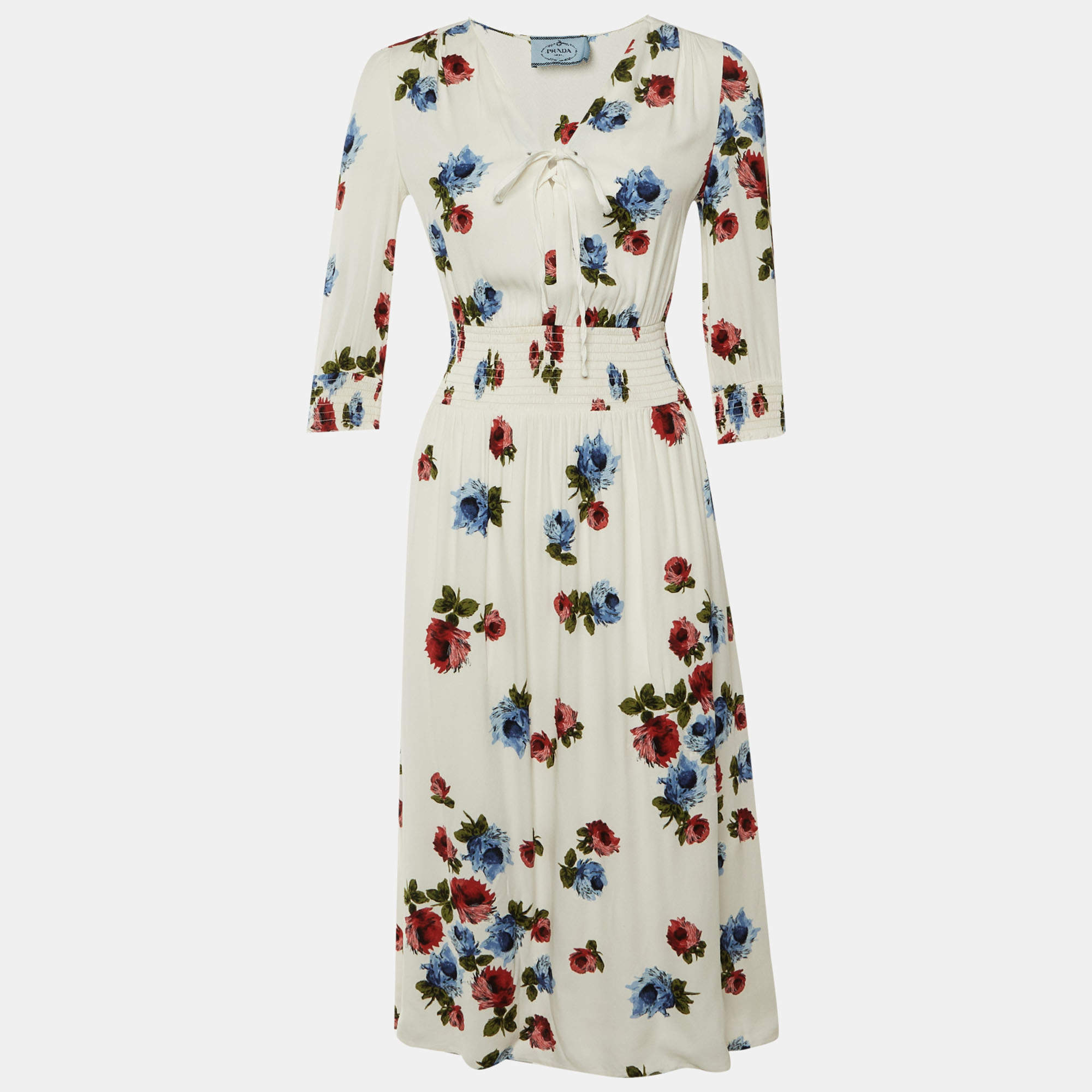 مملوكة مسبقًا Prada White Floral Printed Crepe Midi Dress S