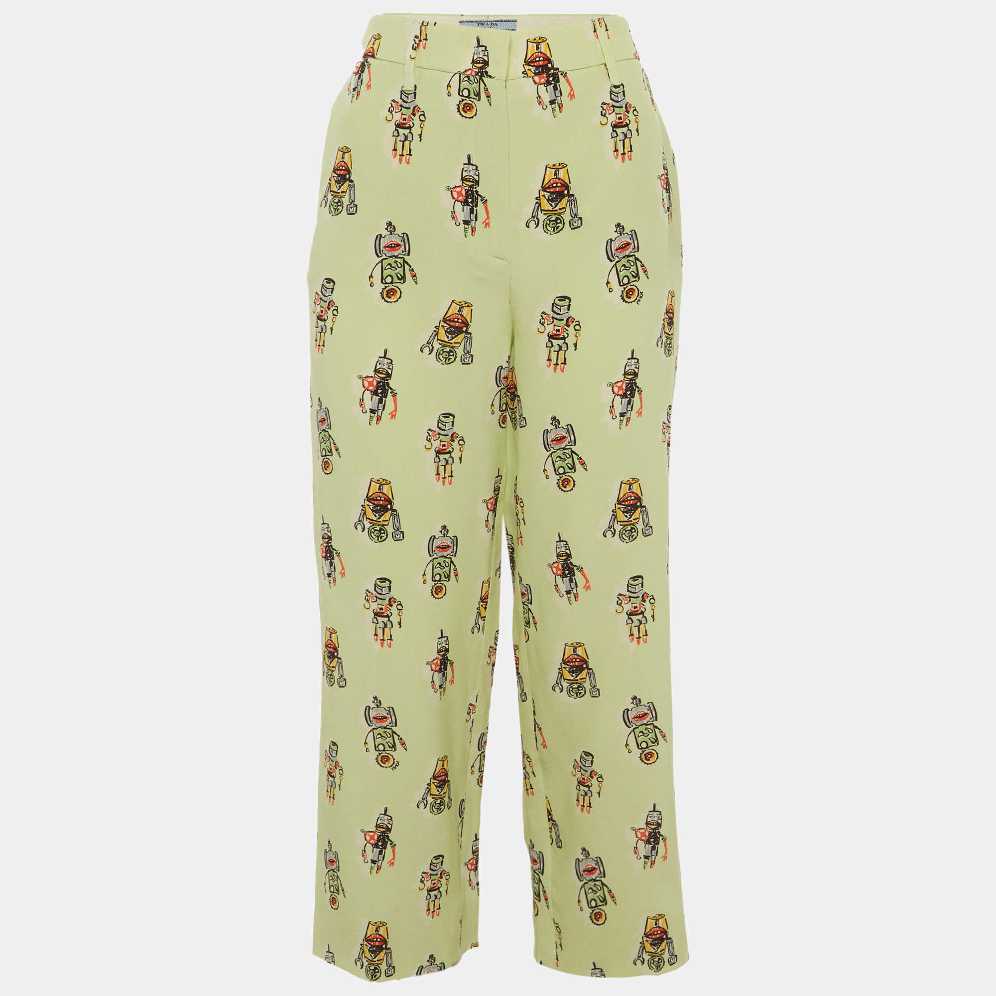Pre Owned Prada Lime Green Robots Print Silk Straight Fit Pants S