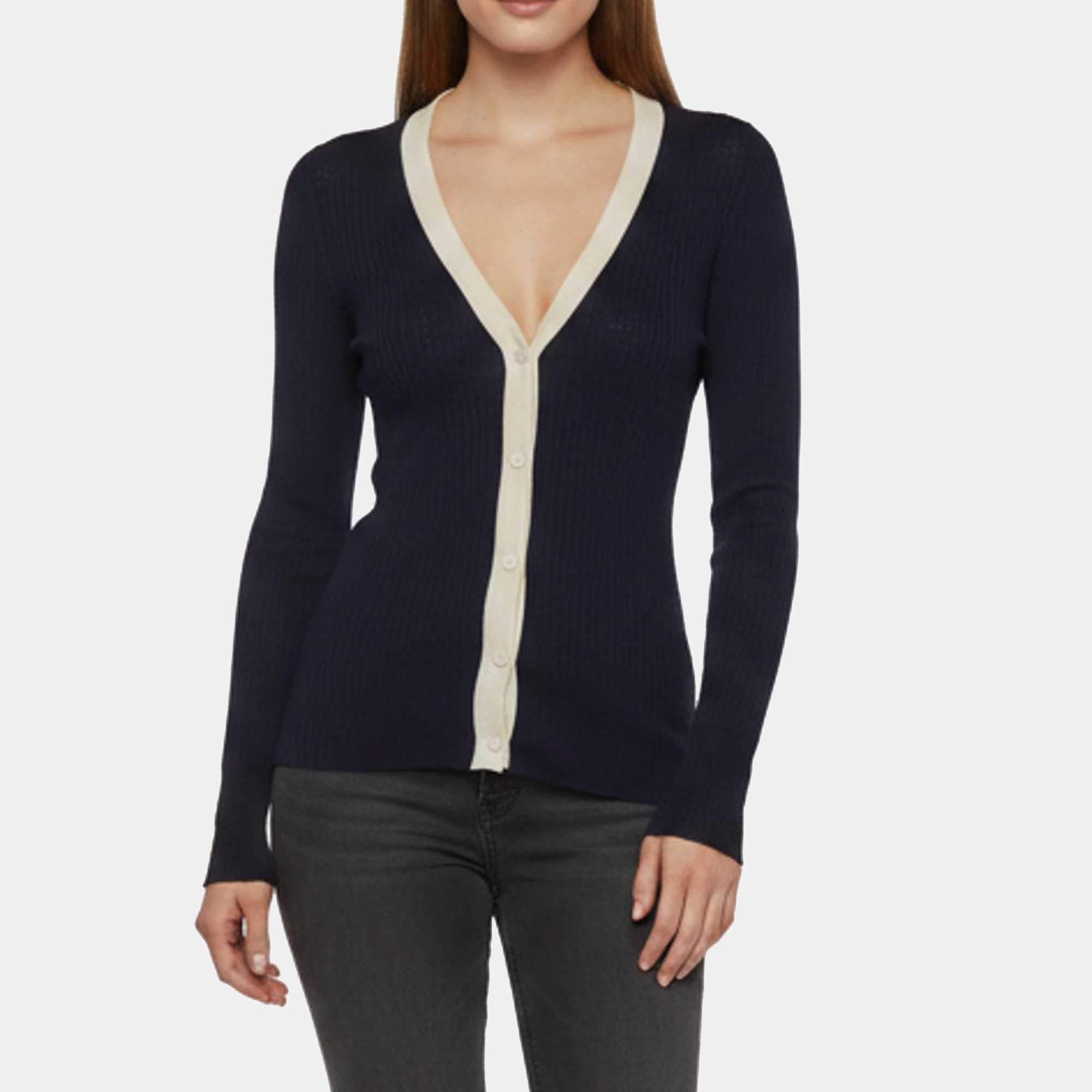 Pre Owned Prada Navy Blue Rib Knit Long Sleeve Cardigan S