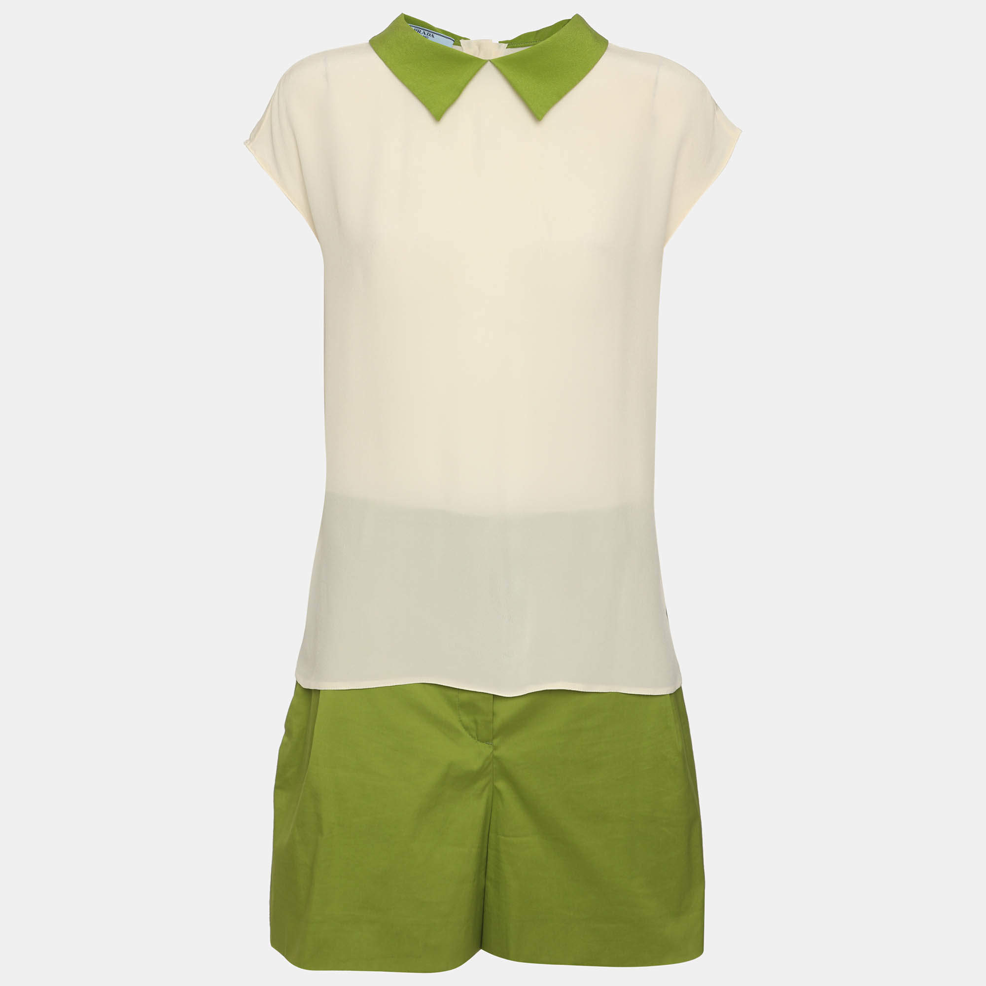 Pre Owned Prada Green/Light Beige Satin and Crepe Shorts and Top Set M