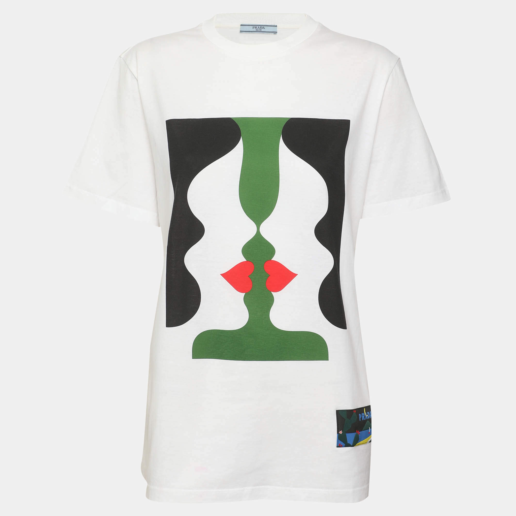 Pre Owned Prada White Multicolor Graphic Print Cotton T-Shirt S