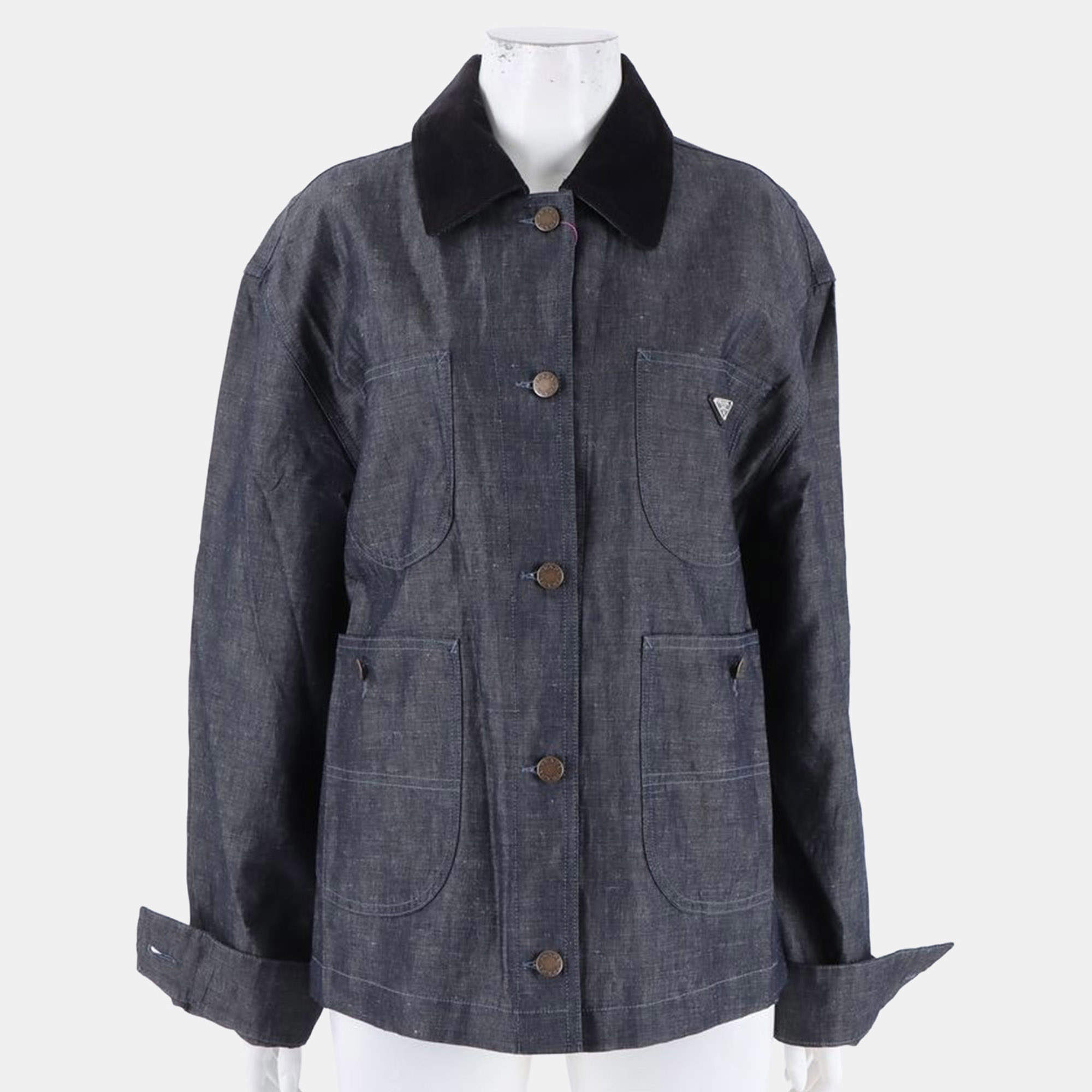 Pre Owned Prada Chambray Black Cotton, Linen Buttoned Collar Jacket Size S