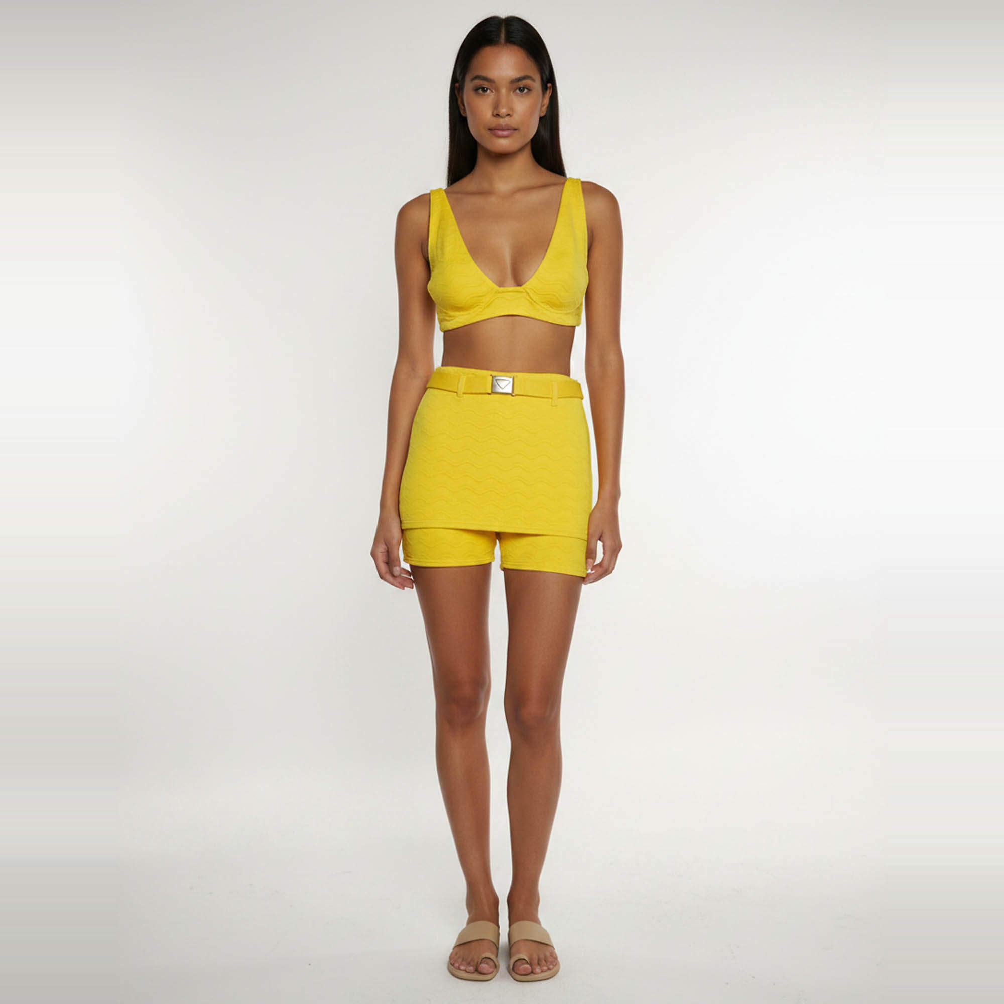 Pre Owned Prada Yellow  Jacquard Belted Triangle Logo Shorts and Top Set XS